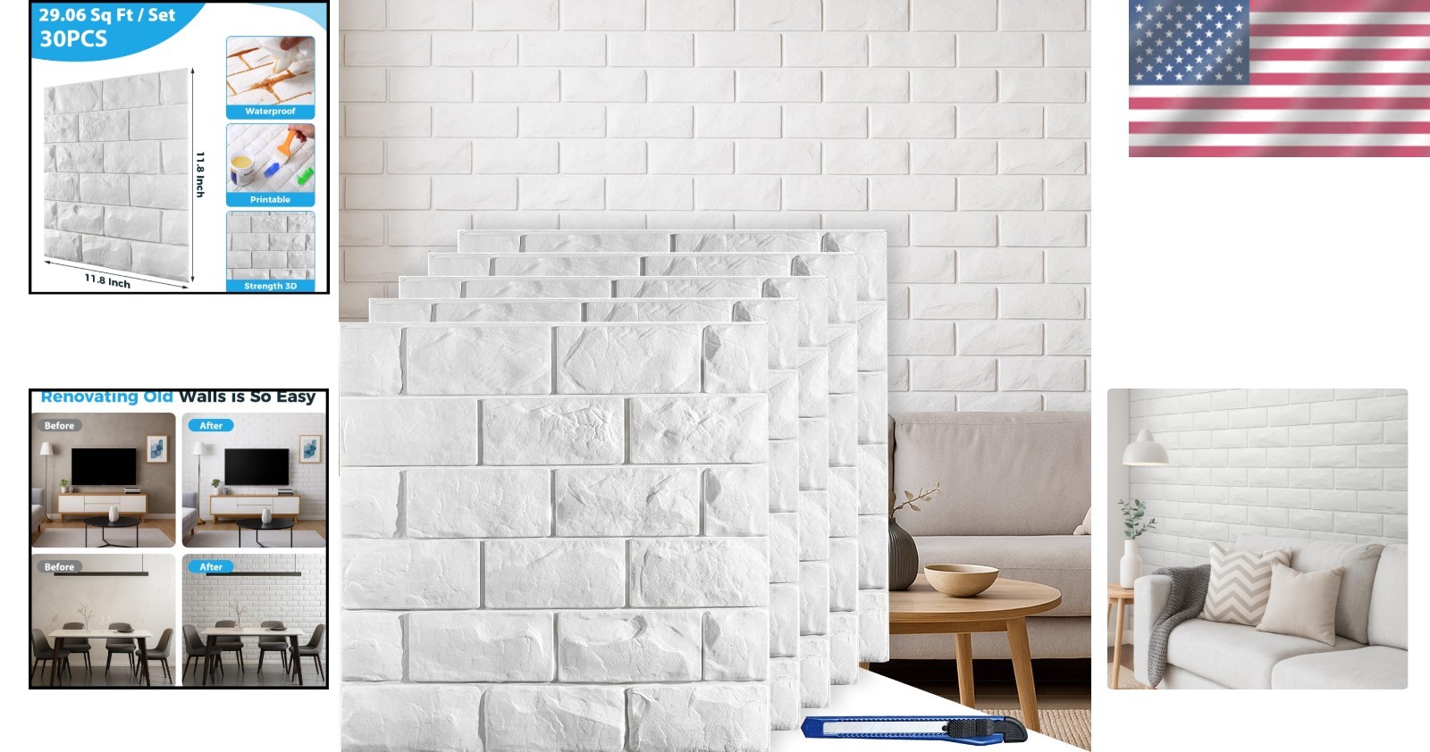 Transform Your Space: 30 Pcs 3D Printable White Brick Wall Panels – Easy Install