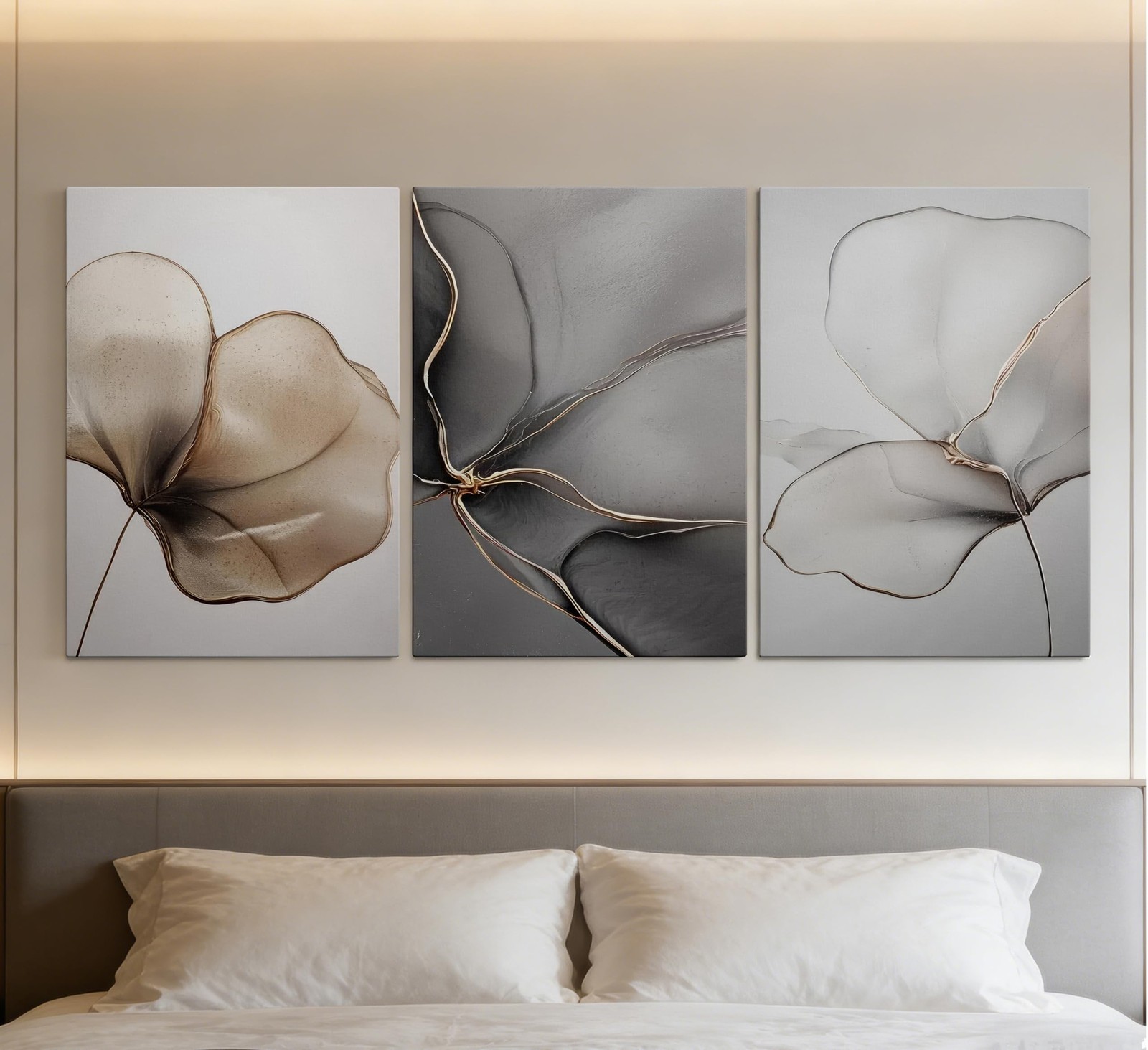 Abstract Floral Canvas Wall Art – Minimalist Gold Line Petal Picture Wall Dec…