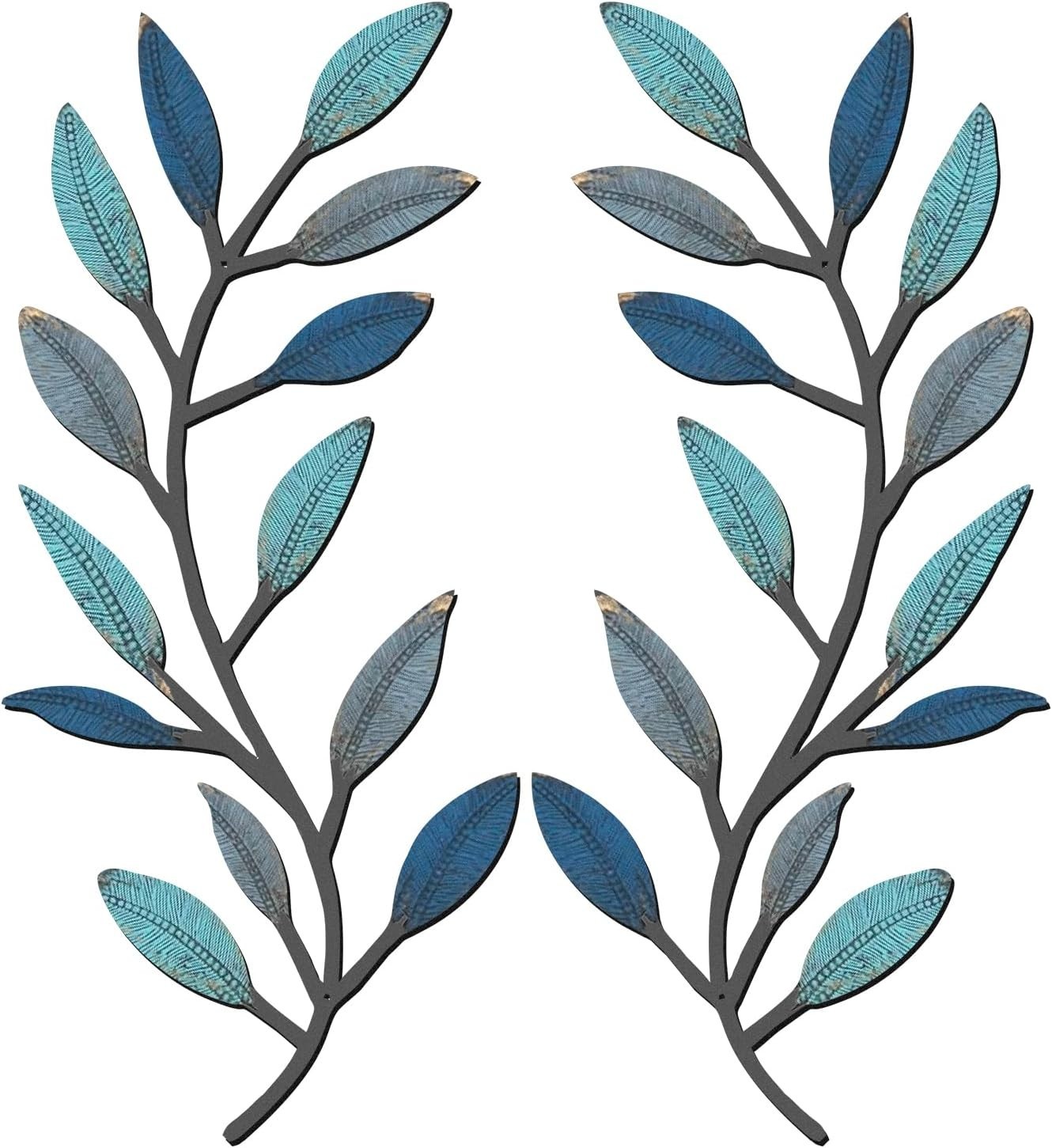 Stylish Vintage Blue Olive Branch Wall Art Set – 2 Durable Metal Pieces