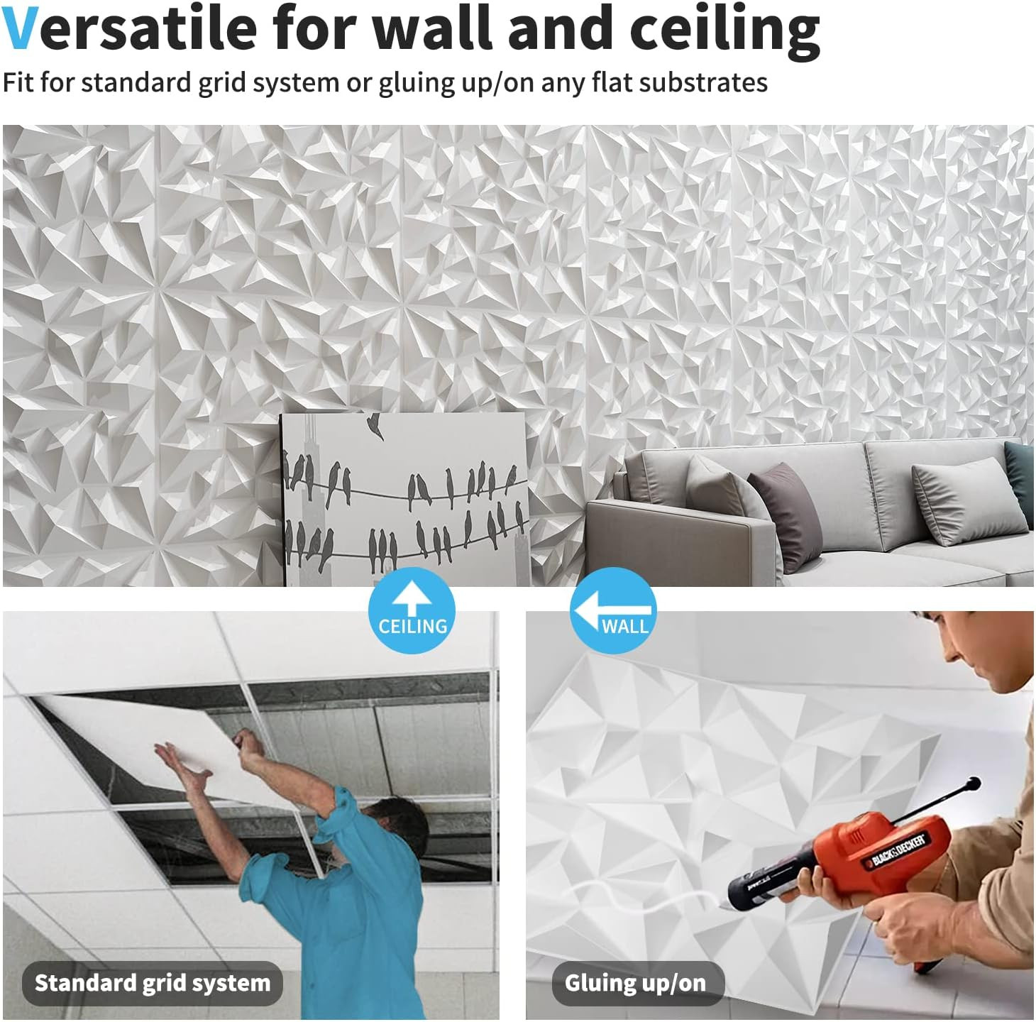 Art3D Textures 3D Wall Panels White Diamond Design for Interior Wall Decor Pack