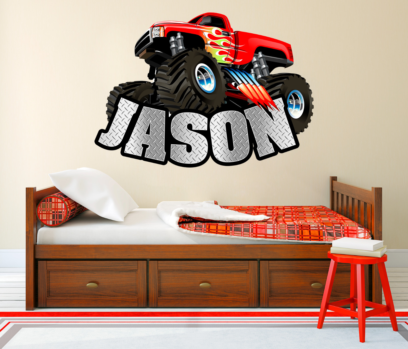 Personalized Monster Truck Name Wall Decal Sticker for Boy-Custom Room Decor Art