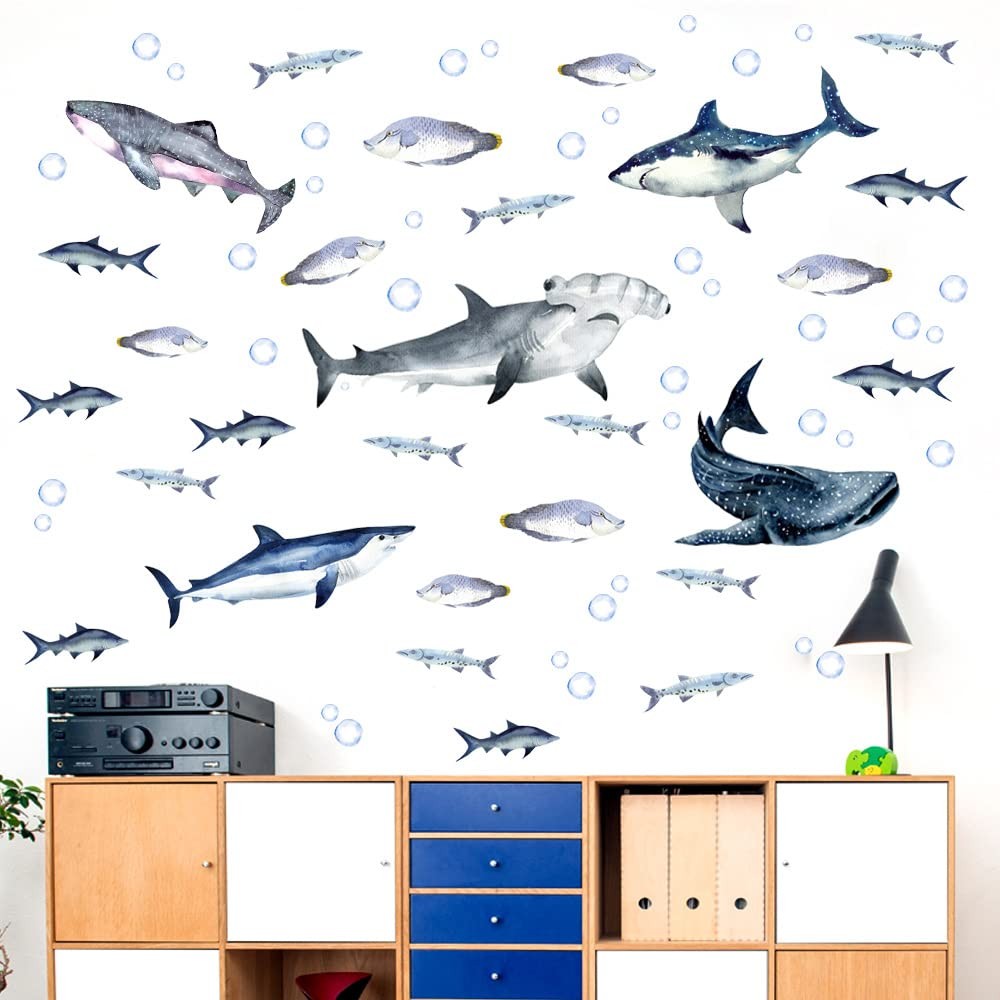 Buiory Sharks Wall Stickers Watercolor Decals Peel and Stick E