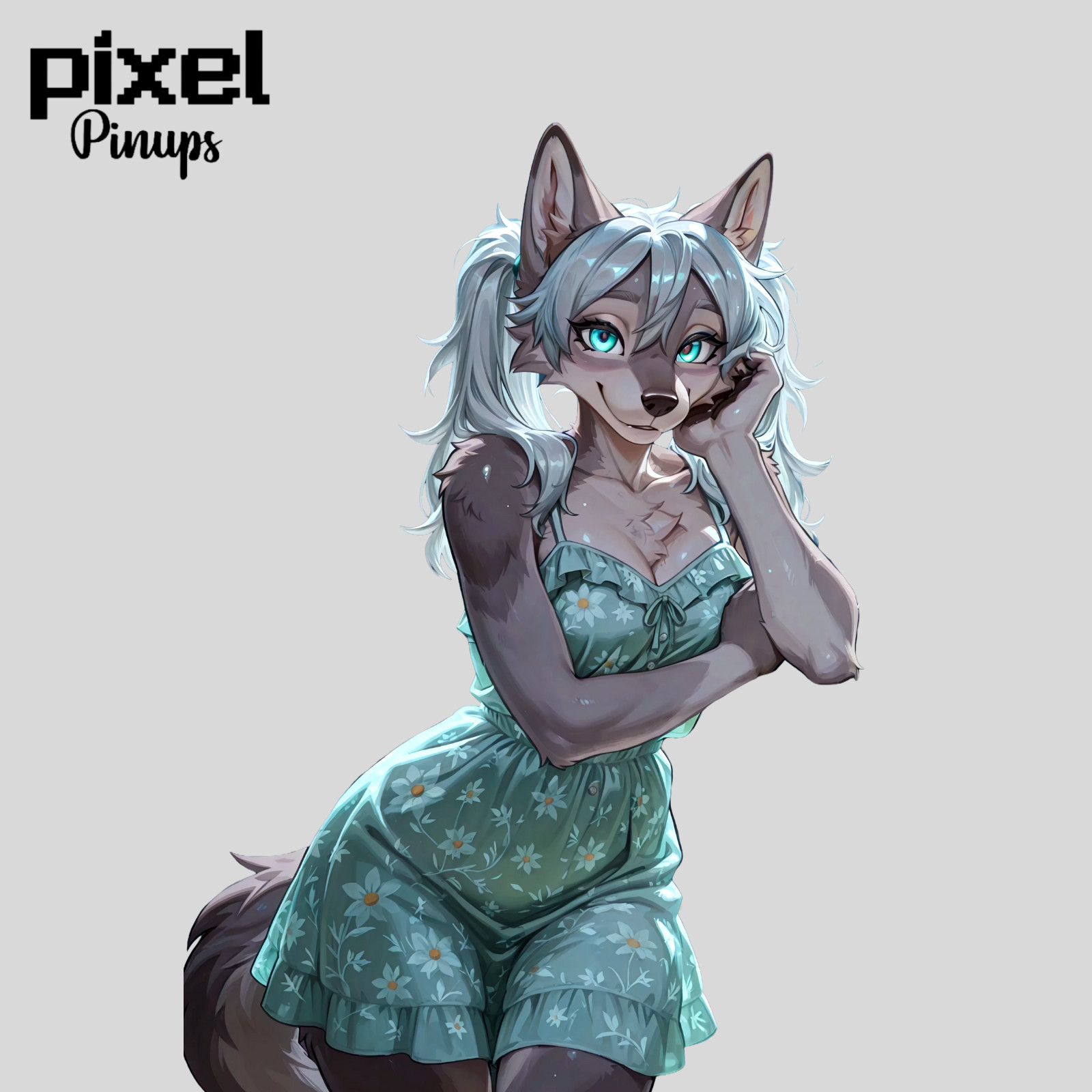 Furry Wolf Girl Pinup Sticker 5.1" Skady Floral Summer Sundress Cute Vinyl Waifu