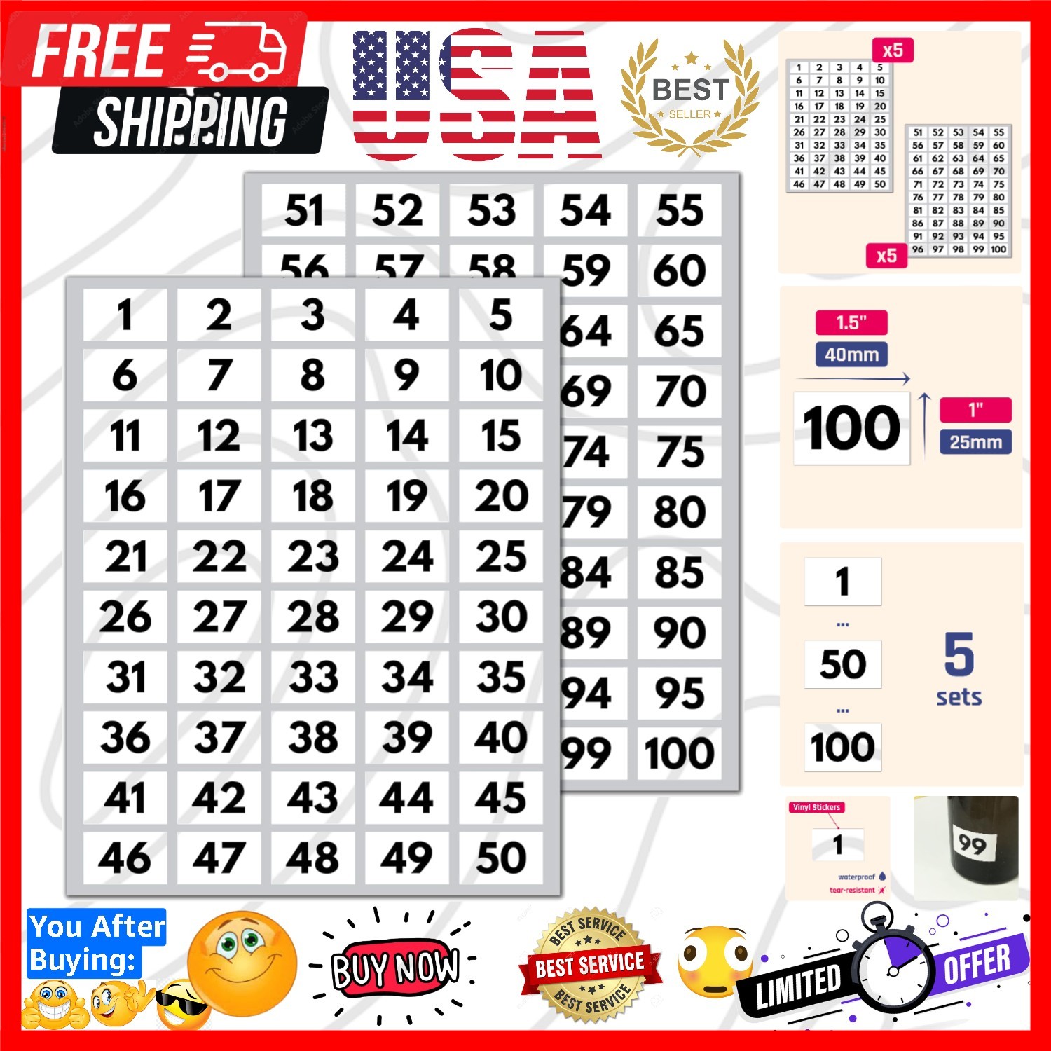 5 Sets, 1-100 Number Stickers Waterproof Vinyl – 1.5" x 1", Black Numbers