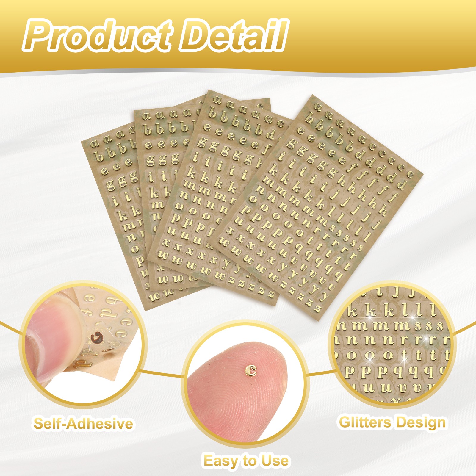 4 Sheets Letter Stickers 0.12" Letter Stickers Alphabet Stickers Gold Lowercase