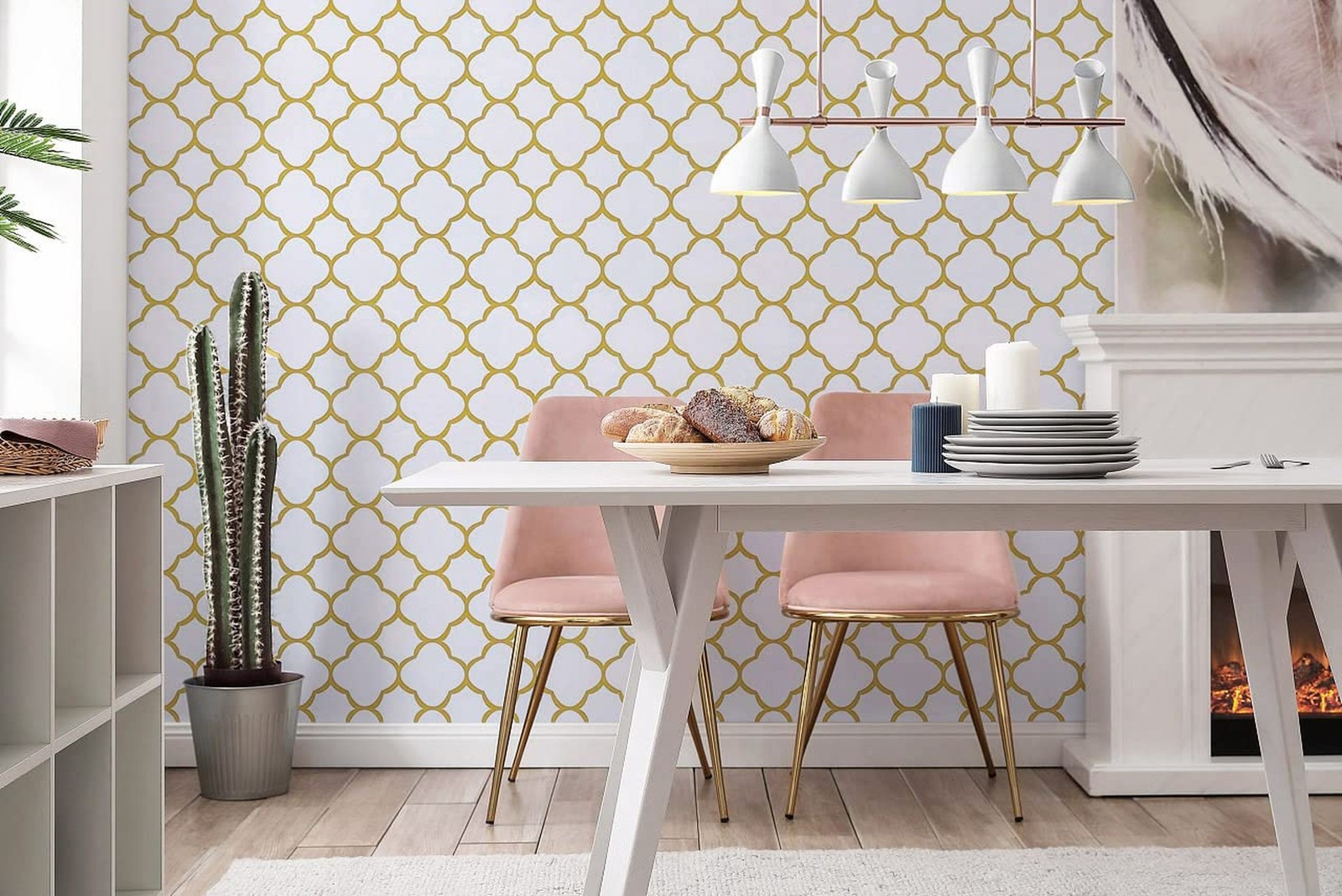 Safiyya 118"x17.7" Gold Peel and Stick Wallpaper White and Gold Pattern Conta…