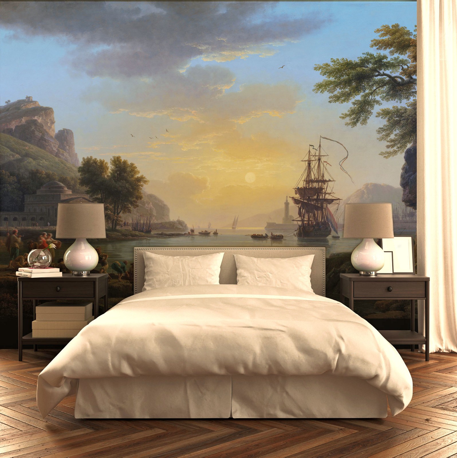 Sunset Coast & Sailboat Wallpaper, Classical Painting. Wall Decal, Tapestry