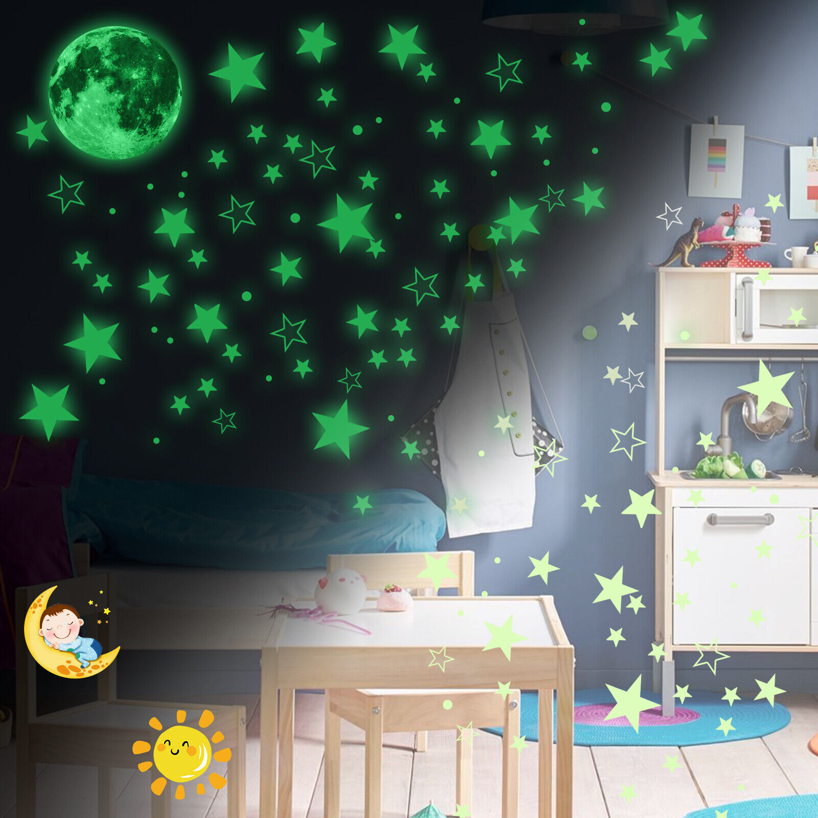 3D Glow In The Dark Luminous Stars Moon Wall Stickers Space Kid Ceiling Decor US