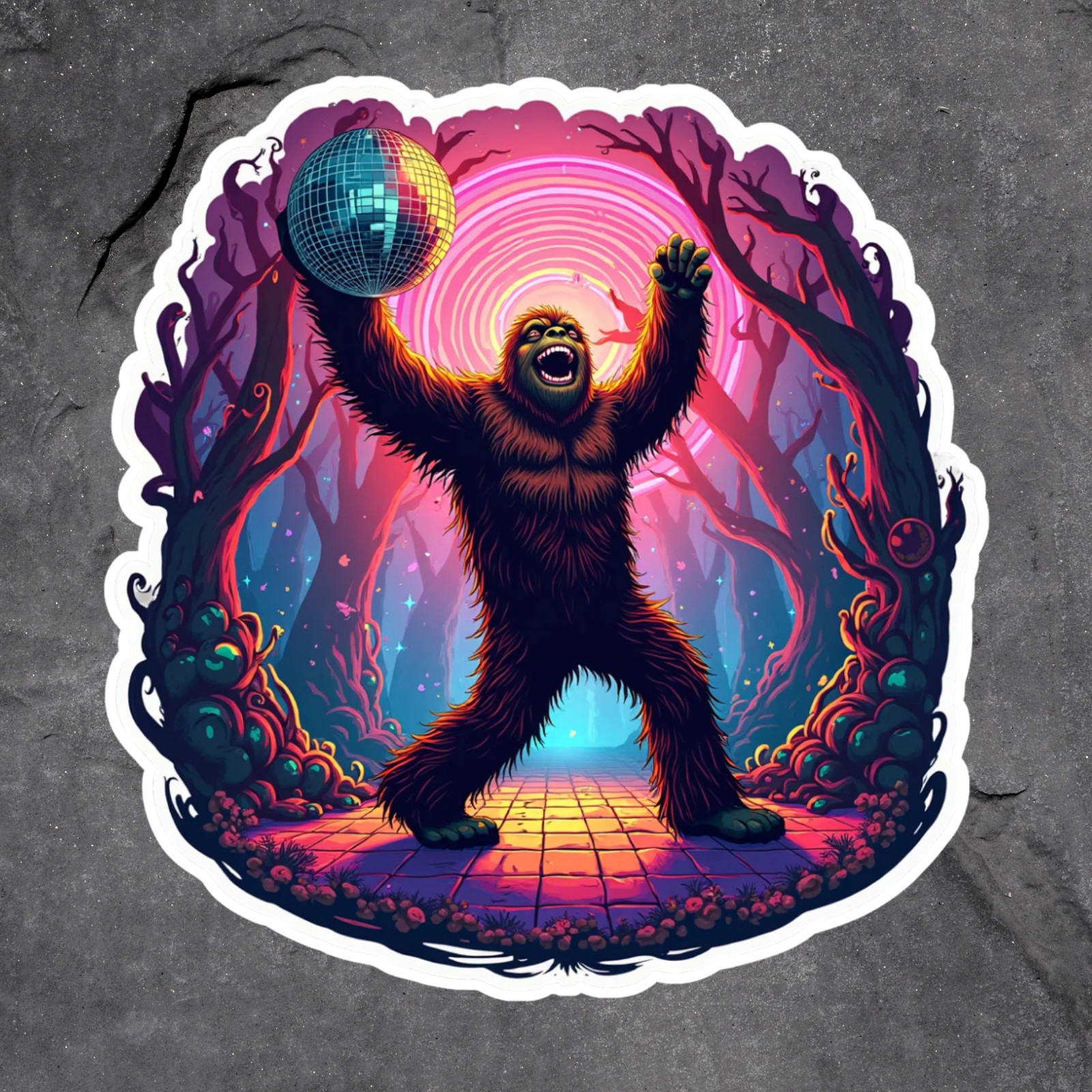 Disco bigfoot sticker vinyl decal sasquatch dance party retro neon forest art