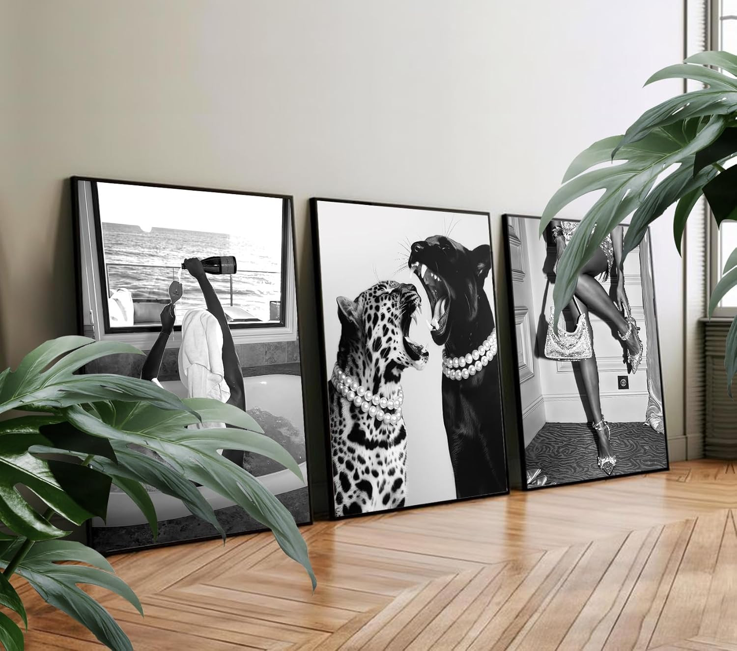 3 Pcs Fashion Leopard Print Posters Paintings Funny Woman Drinking in Bathtub Pa