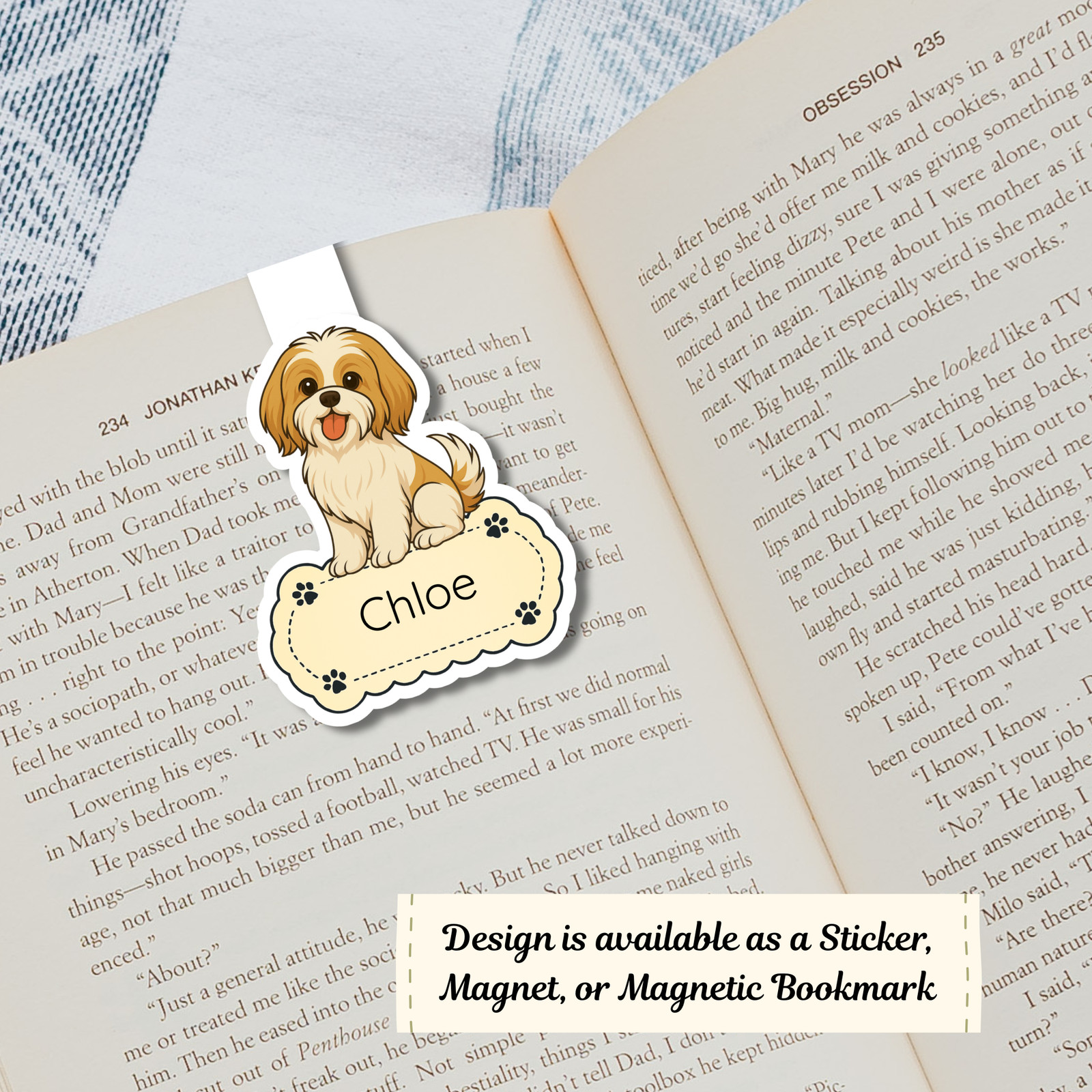 Personalized Shih Tzu Dog Sticker Magnet Bookmark – Gold and White