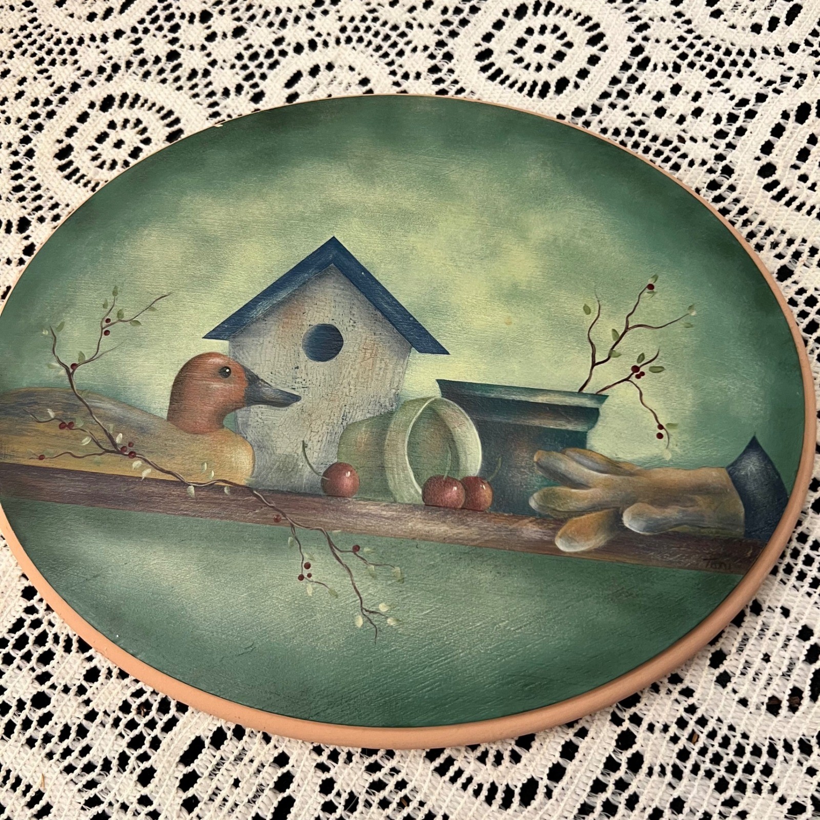 Vintage Oval Hand Painted Plaque | Duck Birdhouse Garden | Cottage