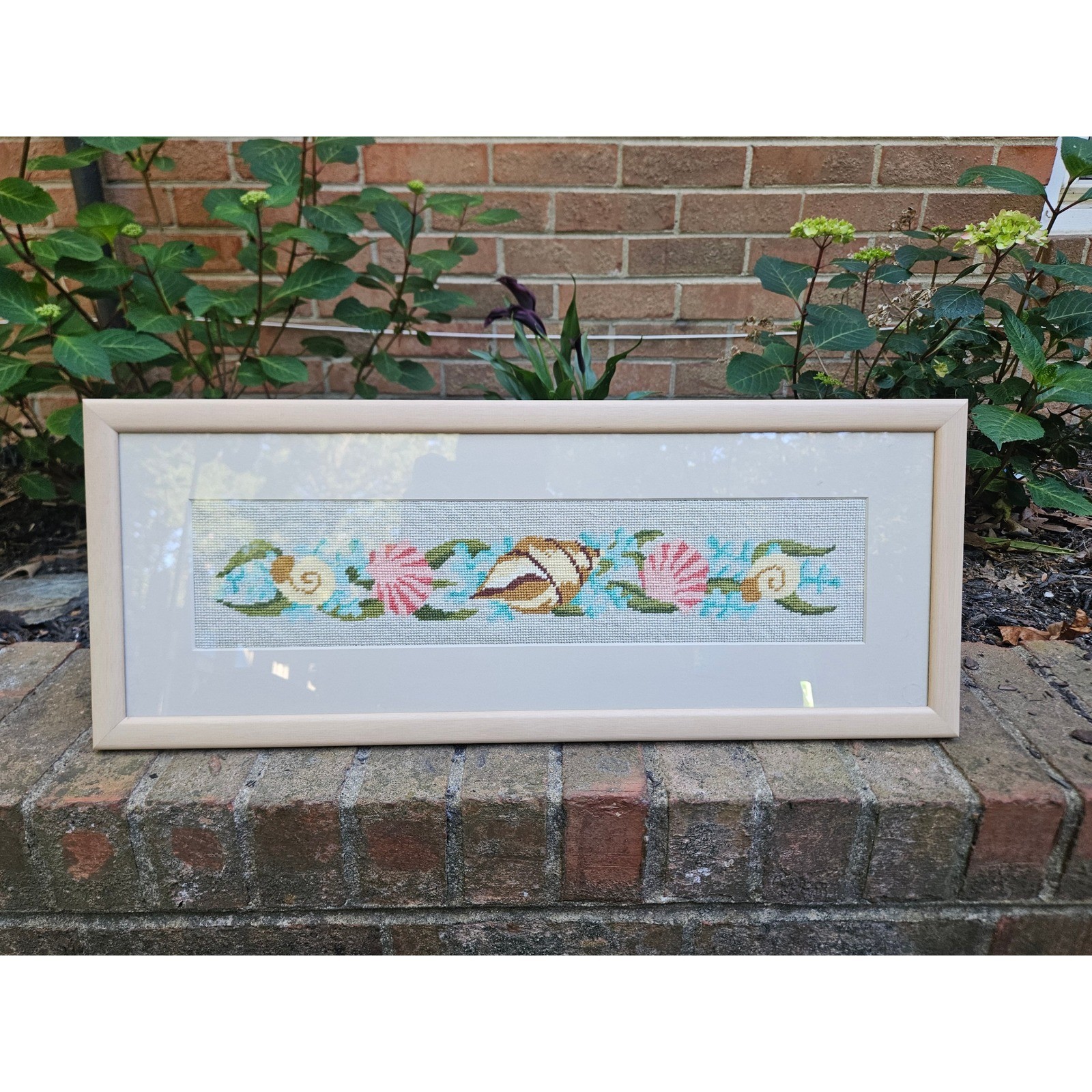 Vintage Matted & Framed Seashell Cross Stitch Art, 25" x 9.75" Ocean Beachhouse