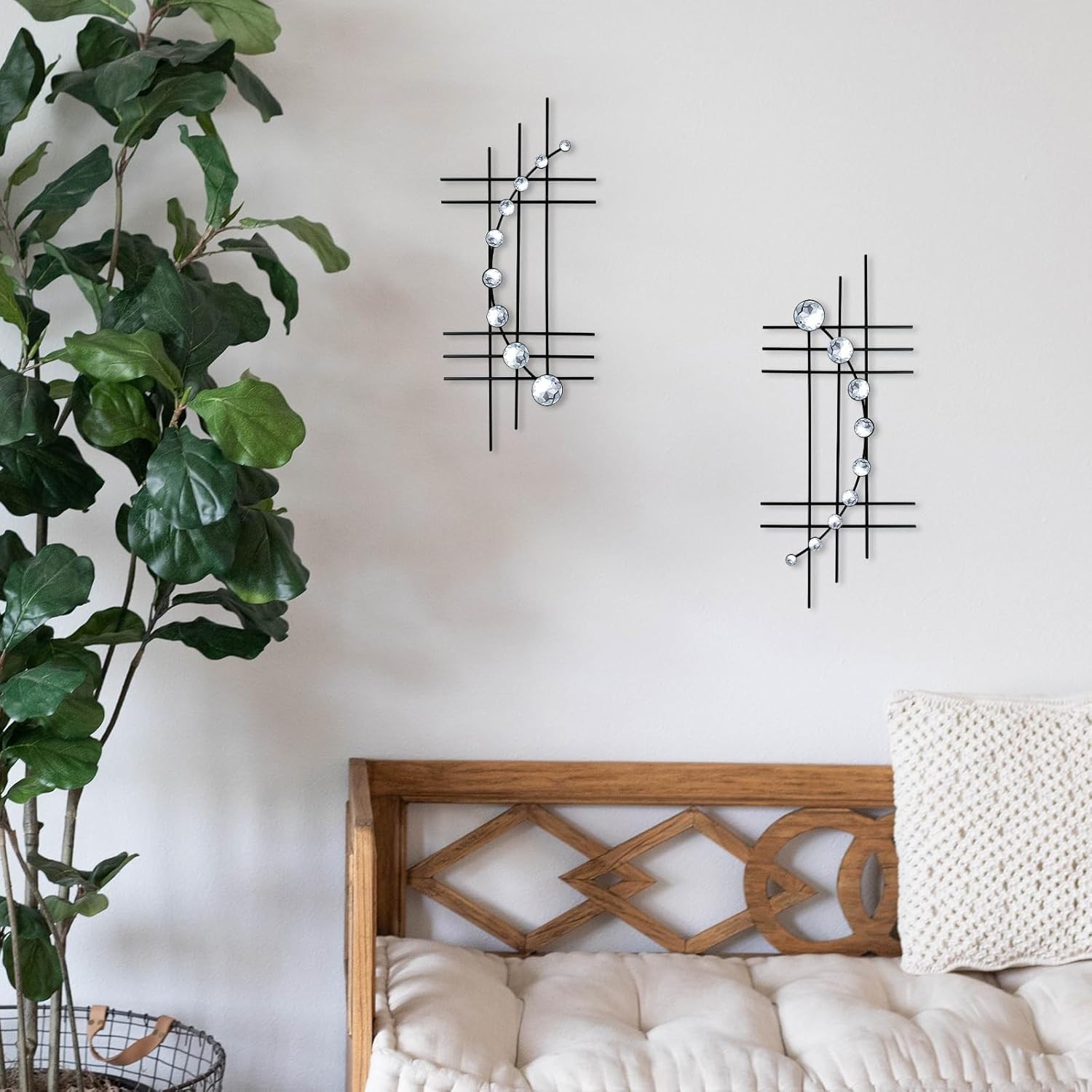 Abstract Metal Wall Decor 16.5/24 In Set Rhinestones Modern Bling Home Accessory