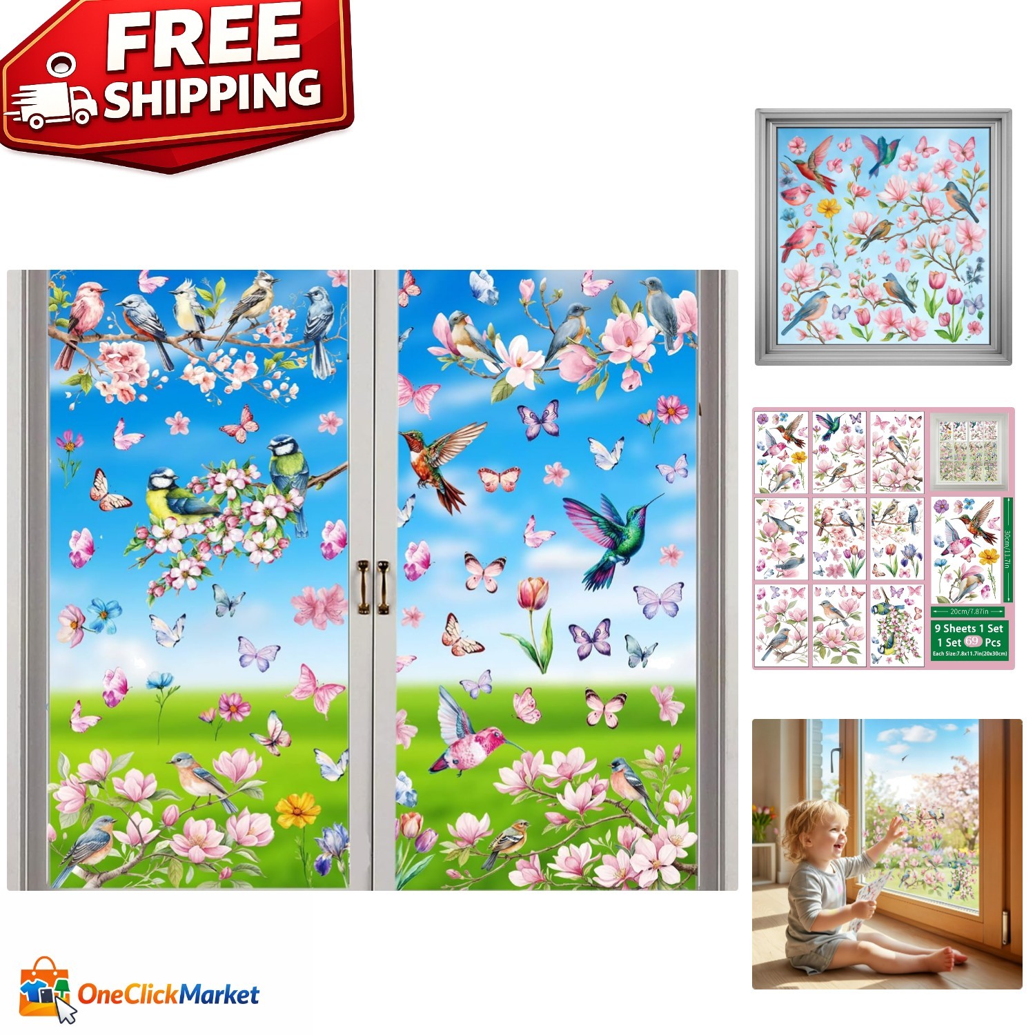 Spring Window Cling Sticker – 78PCS Tulip Butterfly Flower Hummingbirds Windo…