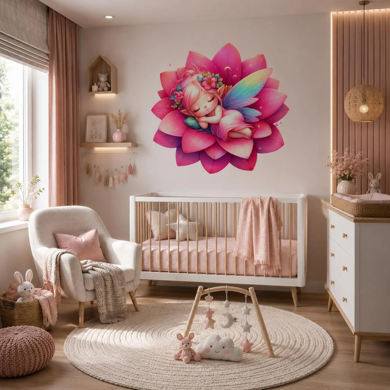 Sleeping Fairy Wall Vinyl Decal | Cute Pink Lotus Flower Fairy Sticker