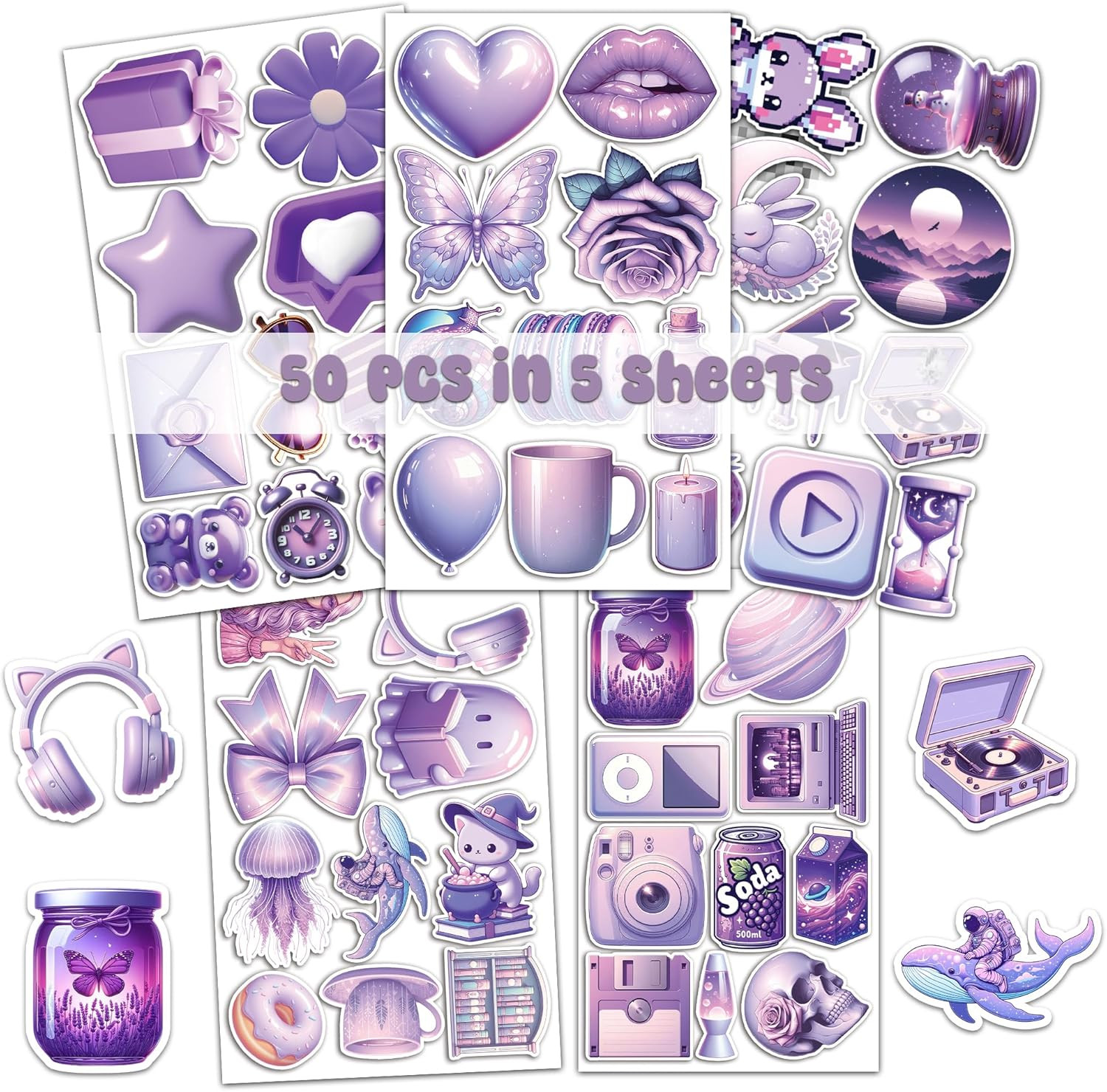Kawaii Purple Sticker Pack 50 Cute Waterproof Vinyl Decals for Laptop Phone