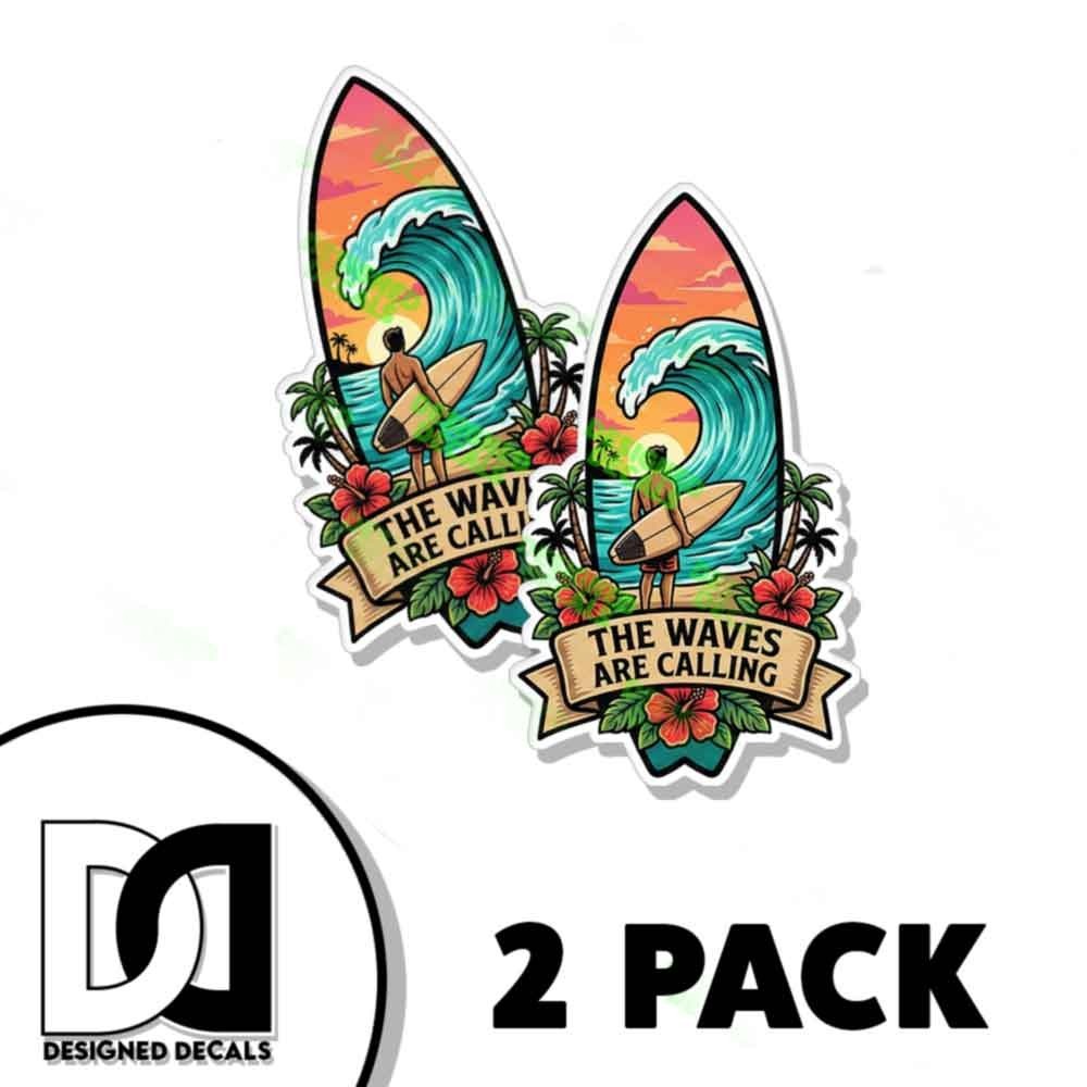 Tropical The Waves are Calling Surf Board Sticker Vinyl Decal Sticker 2 PACK