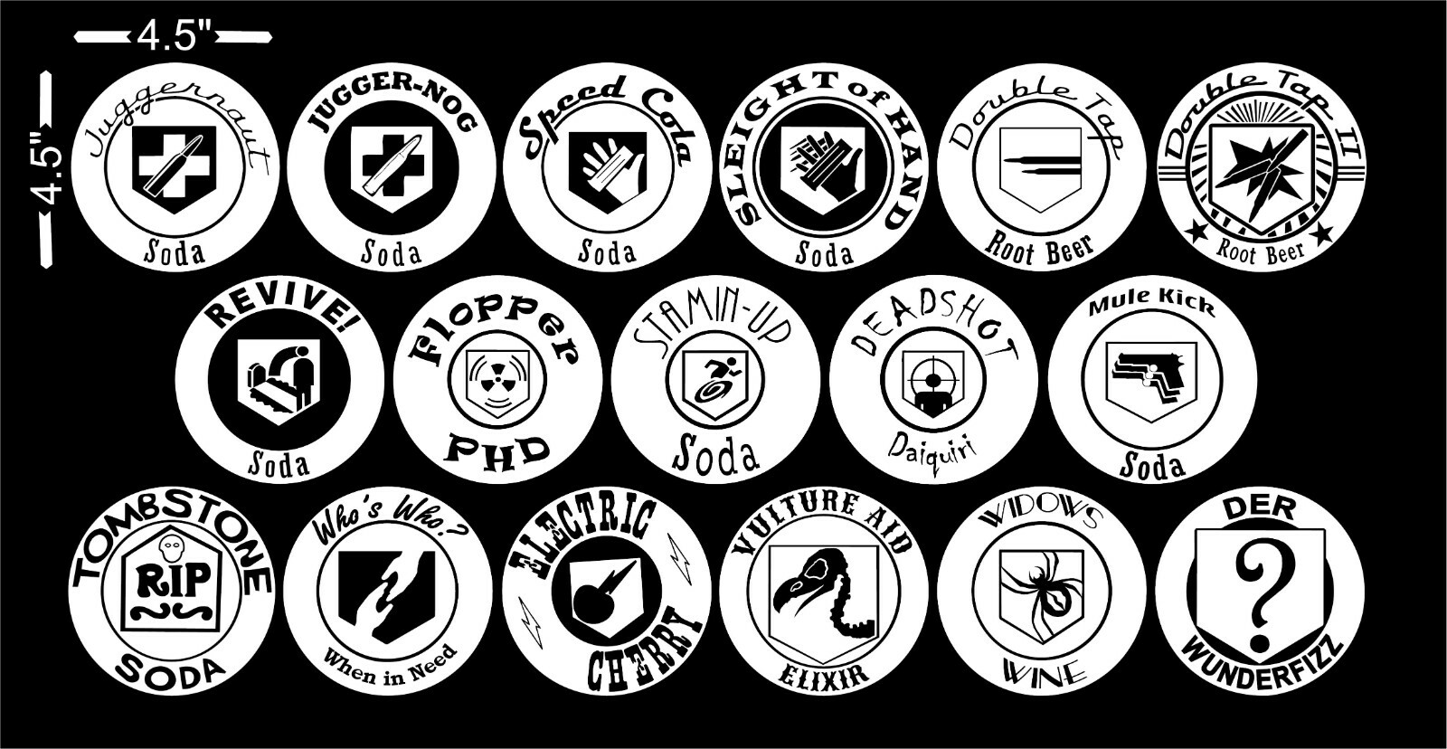 Full Set of 17 Zombie Perk Logo Stickers for Indoor – 4.5 inch Gaming Decals