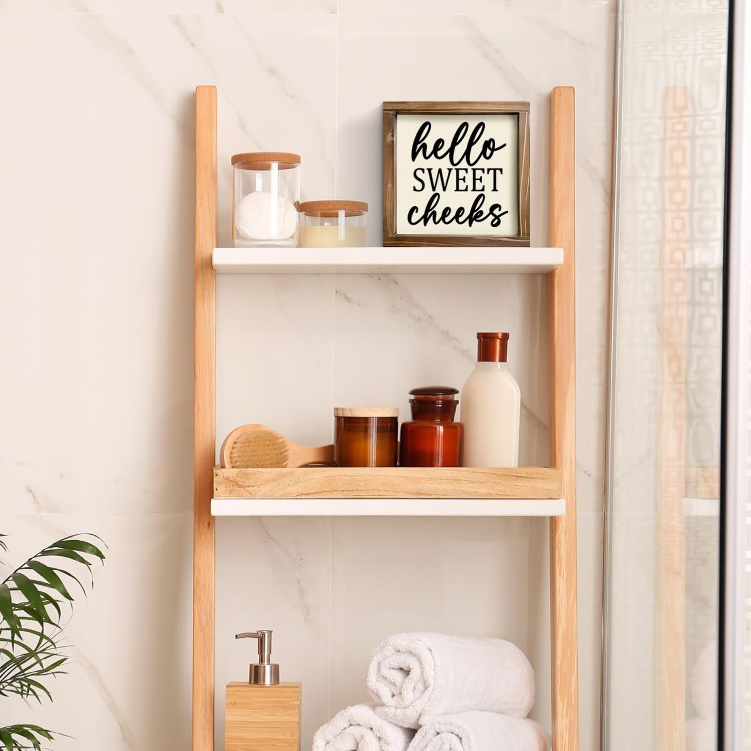 Kas Home Rustic Farmhouse Bathroom Decor – Cute 'Hello Sweet Cheeks' Wooden S…