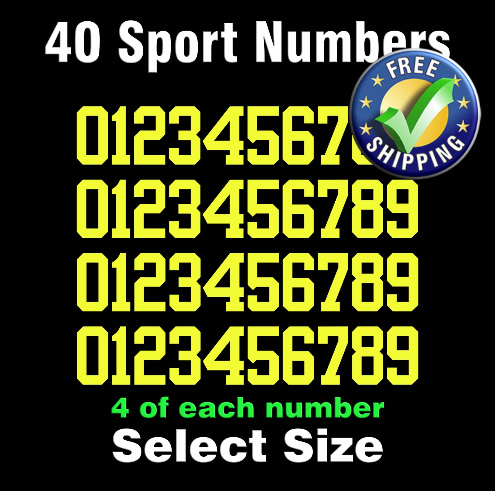 0-9 Numbers Vinyl Sticker Decal Sheet 40 ea Sport Font – COLOR YELLOW – YRBF