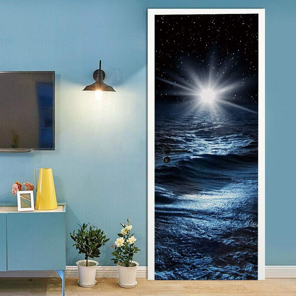 ZY-KL 3D Door Sticker Wall Decals Mural Wallpaper Galaxy Blue Starry Sky, Wat…