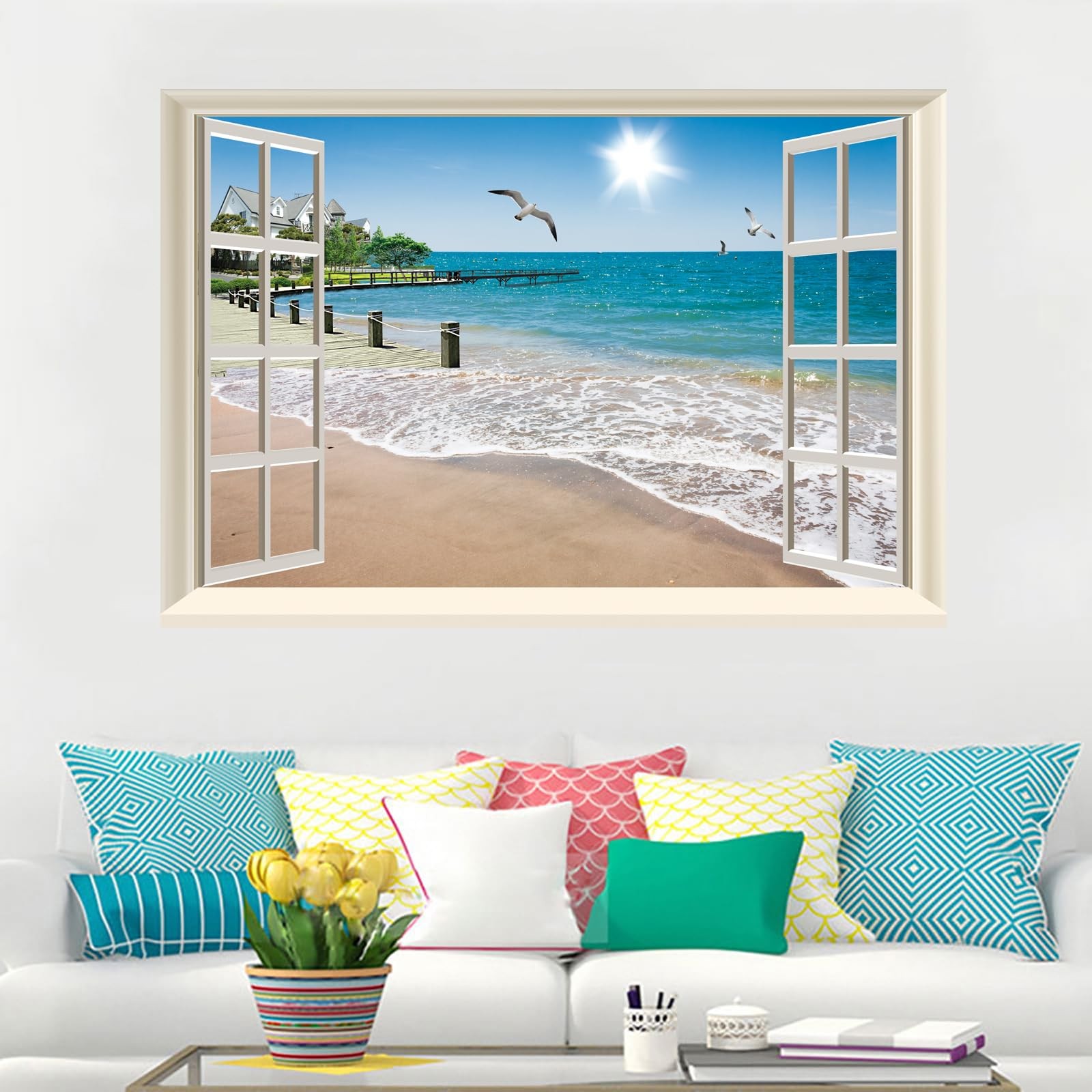 Fake Window Wall Decal, Summer Beach Seascape Peel and Stick Wall Sticker, Fa…