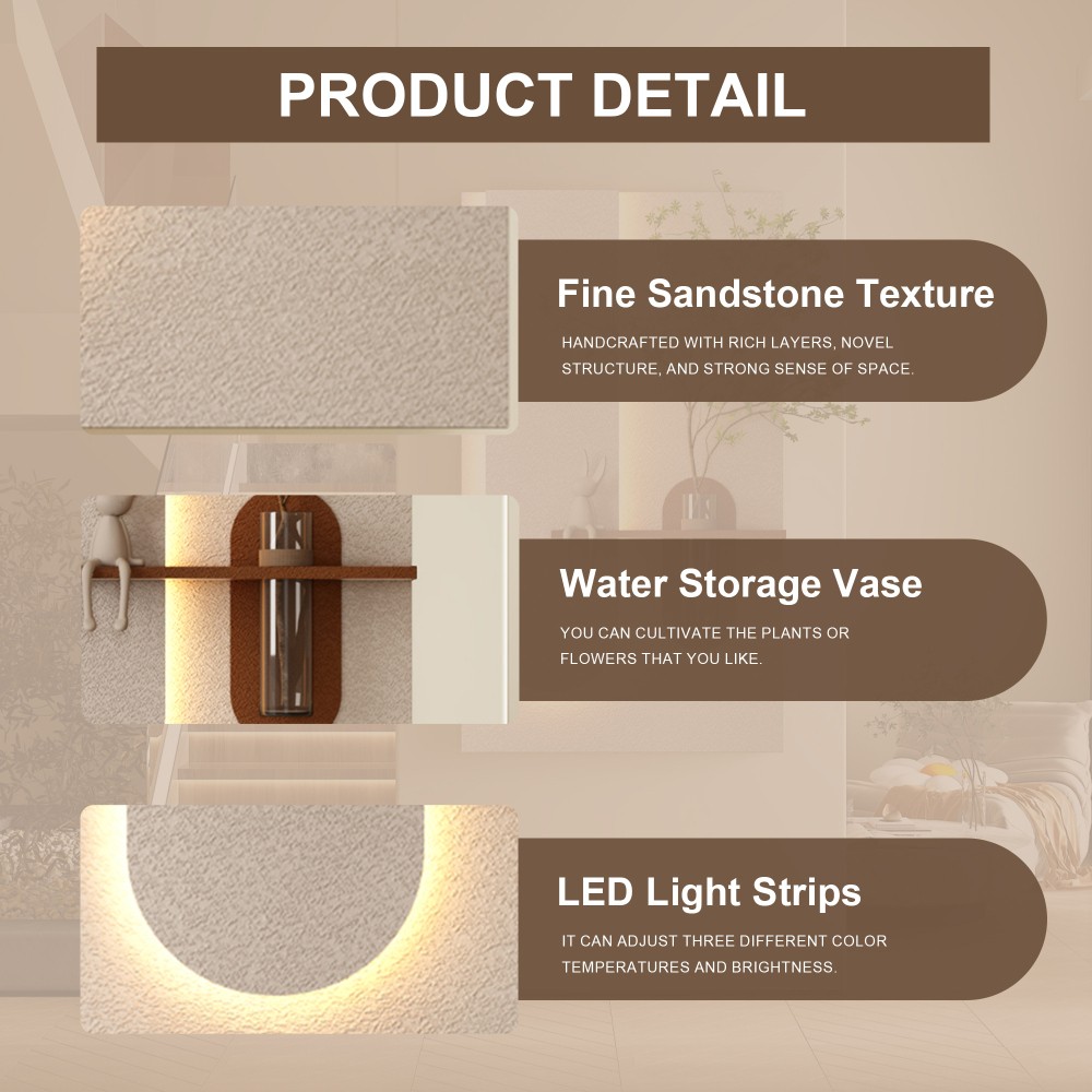 Adjustable 3-Color LED Sandstone Wall Decor with Simulated Green Plants