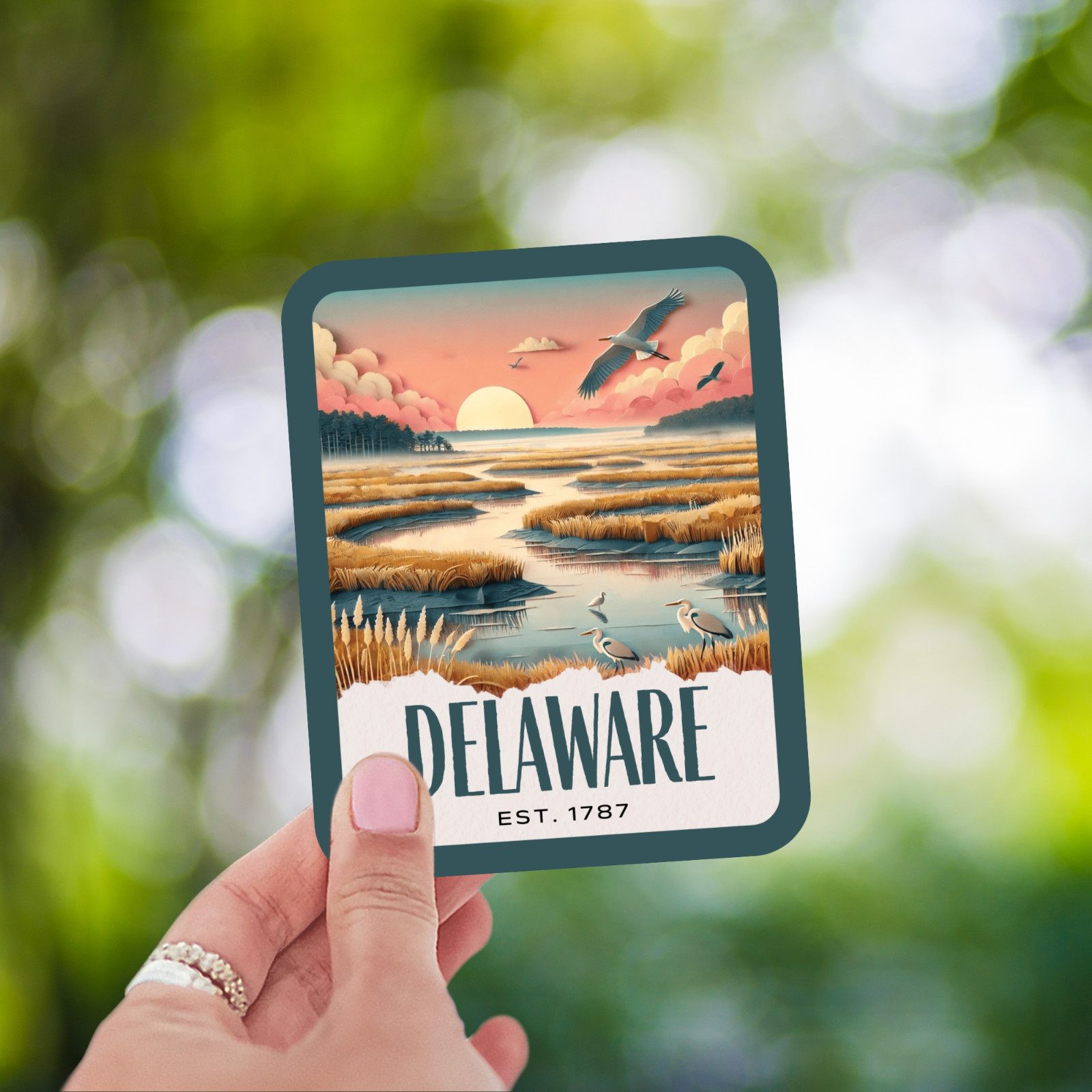 Delaware State Sticker, Paper Collage Look, Scenic National Wildlife Area Decal