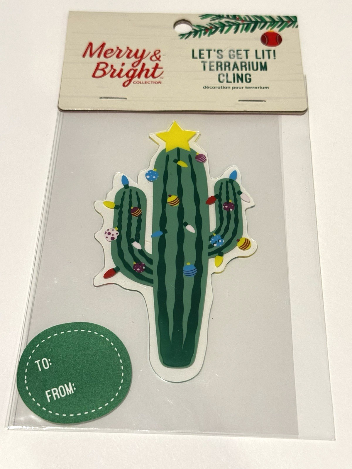 Merry & Bright Let's Get Lit Terrarium Cling Gift Tag Christmas Desert Cactus 5"