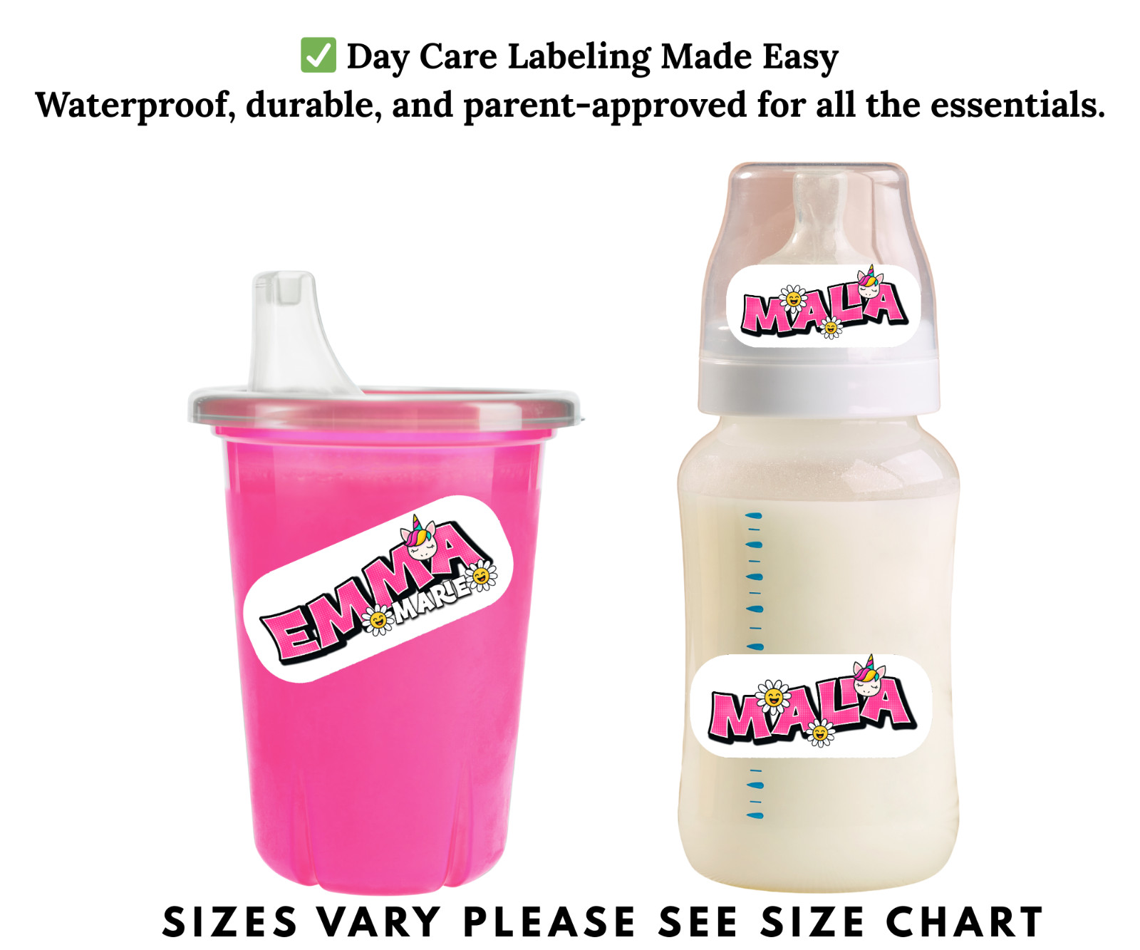 Custom Waterproof Unicorn Pop Art Name Labels for School, Daycare & Bottles