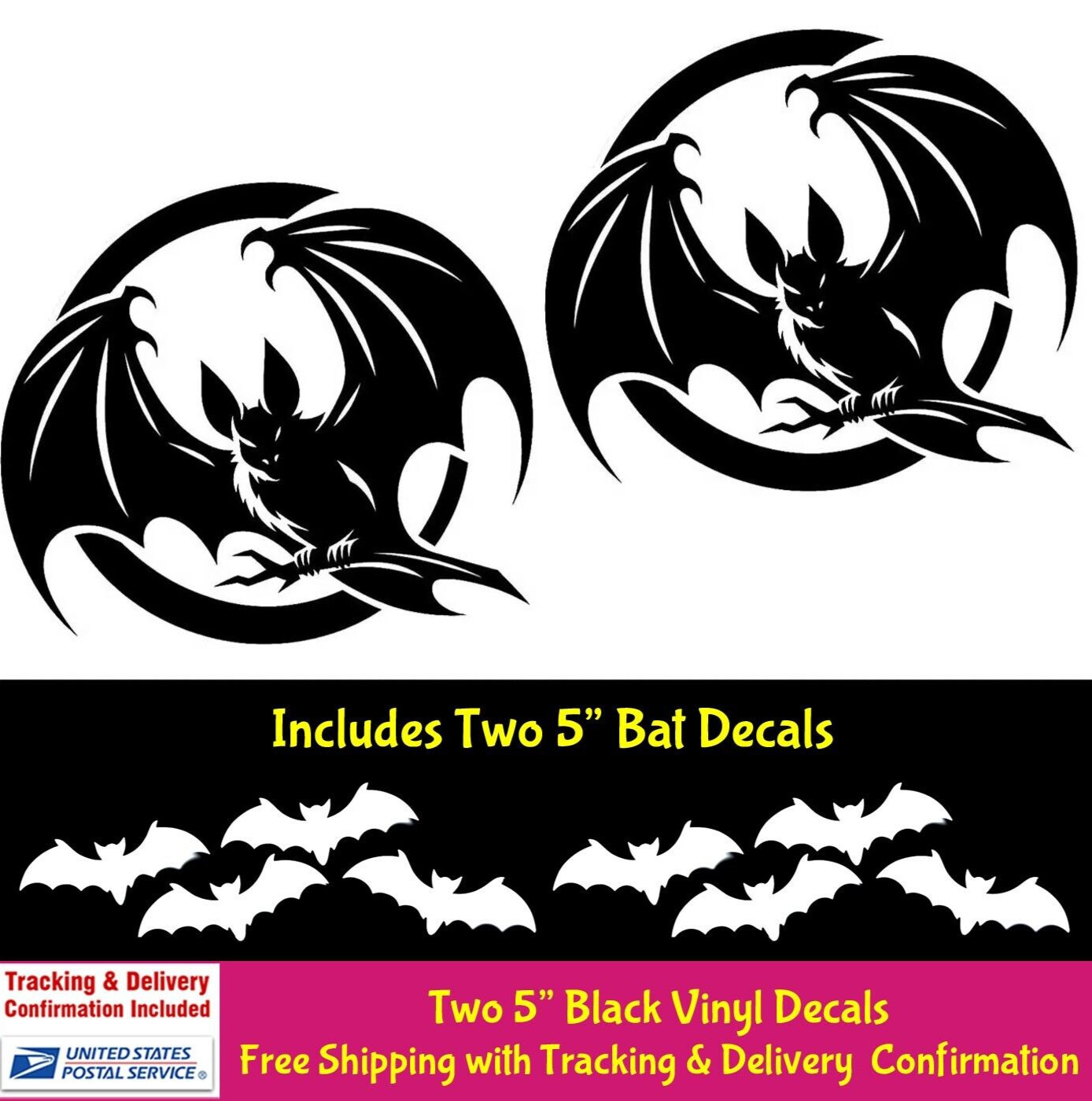Flying Bat Graphic Two PK 5" Black Vinyl Decals Car Truck Van Door Window
