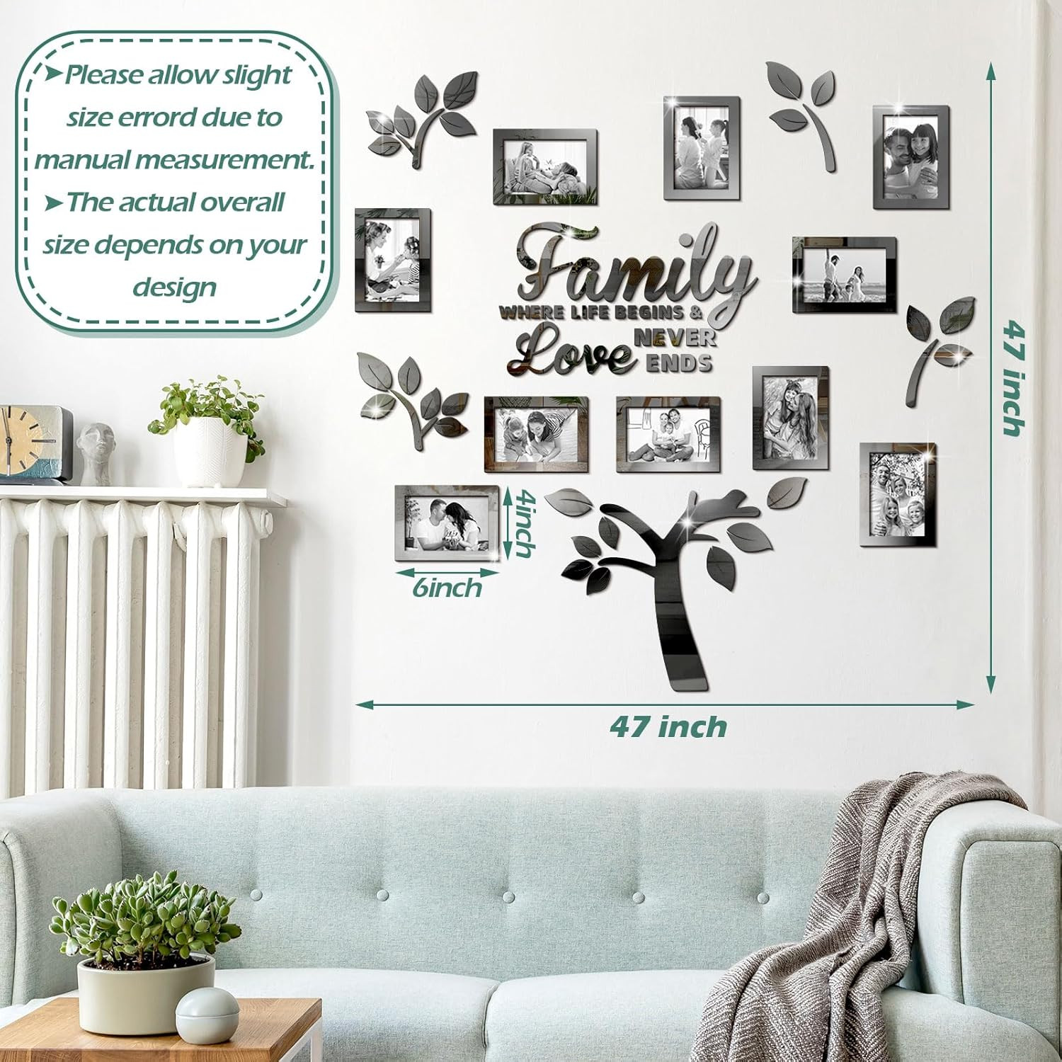 Family Tree Wall Decal Acrylic 3D DIY Mirror Sticker Photo Frames Removable Wall