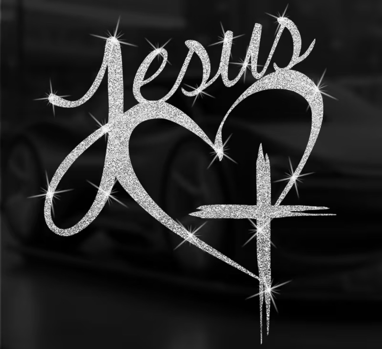 SILVER METALLIC GLITTER CROSS HEART 5.5” Jesus God Vinyl Sticker Decal Christian