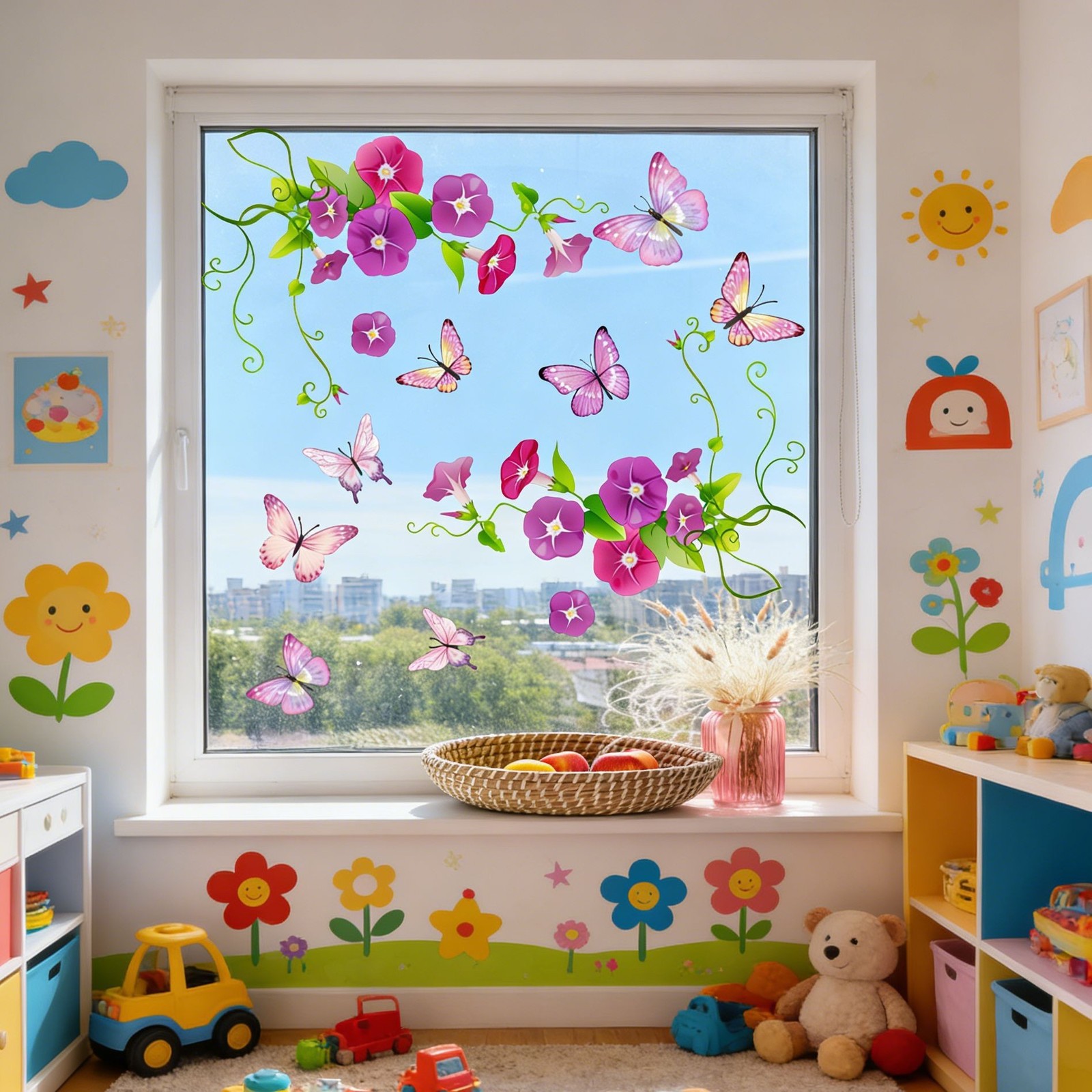 Removable Morning Glory & Butterfly Window Clings for Glass 11.81×23.62 in PVC