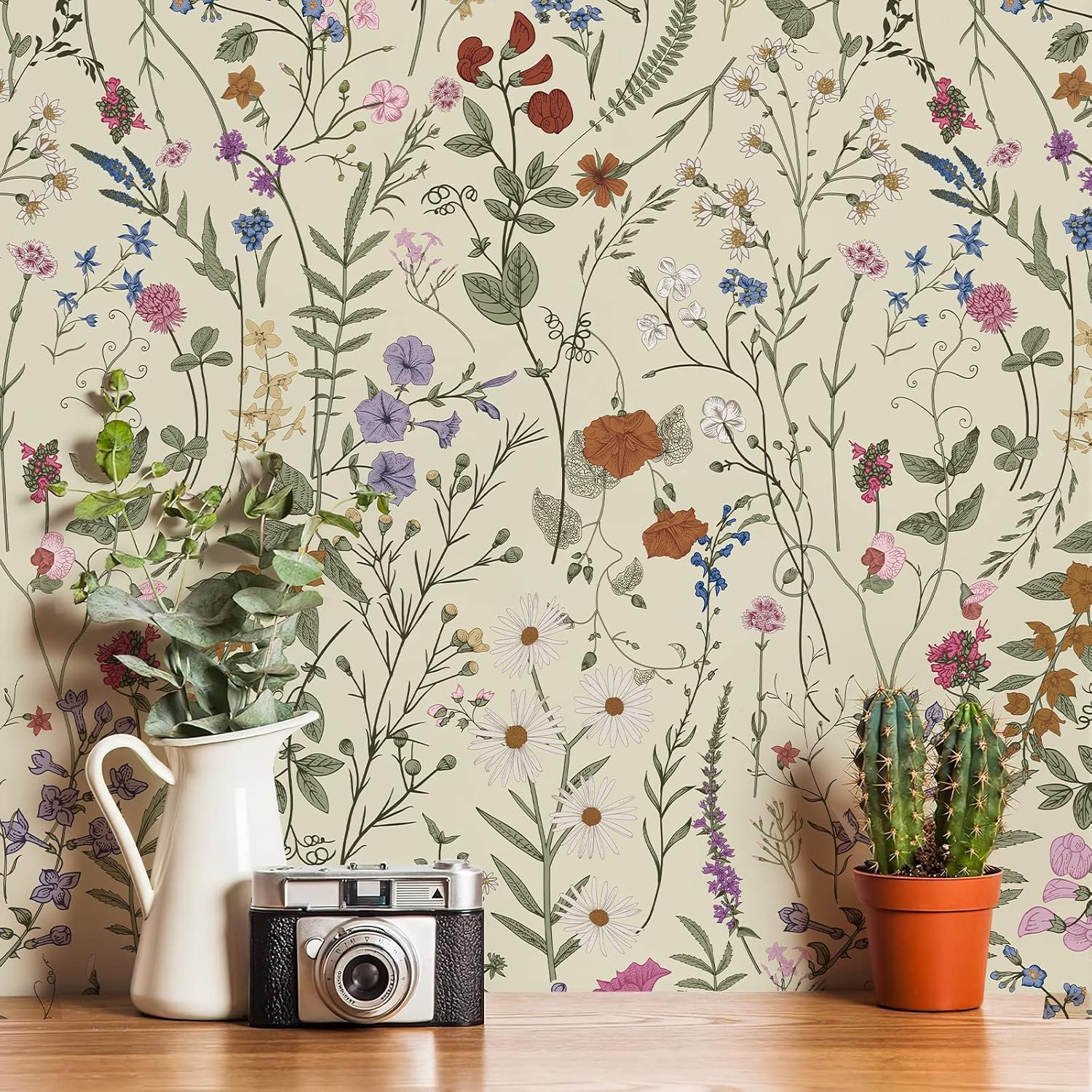 Jiffdiff Wallpaper Self-Adhesive Blooming Vintage Colourful Flowers Wall Paper f
