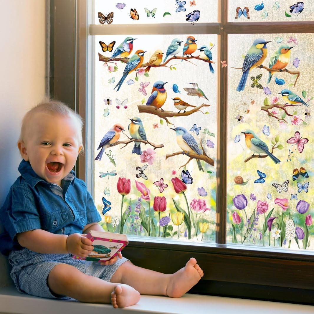 78PCS Spring Window Cling Stickers Tulip Butterfly Bird Strike Decals