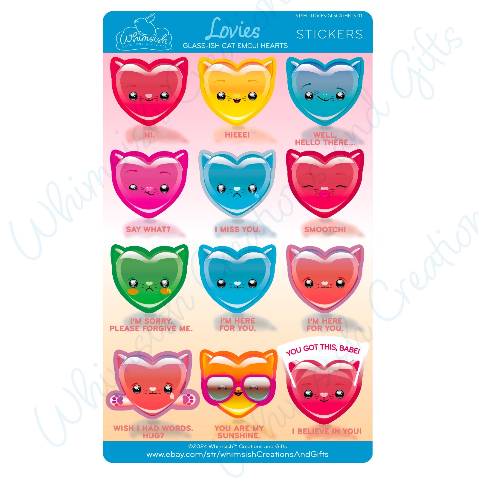 Sticker Sheet—Lovies Glass-ish Cat Emoji Hearts 01, Laminated Vinyl Stickers