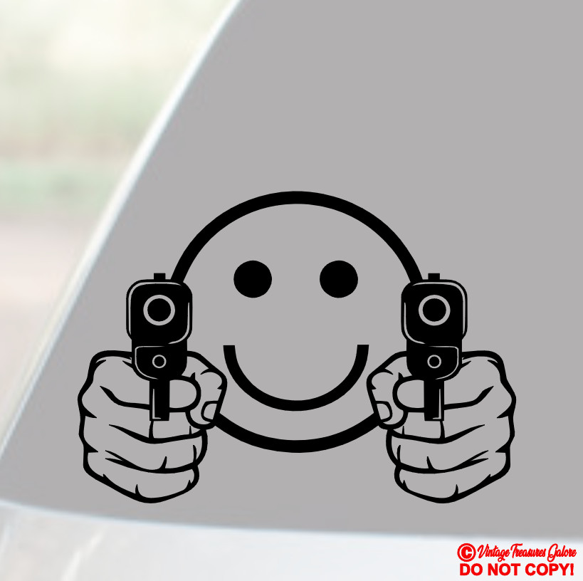 SMILEY FACE POINTING GUNS – VINYL DECAL CAR REAR WINDOW BUMPER STICKER BACK OFF!