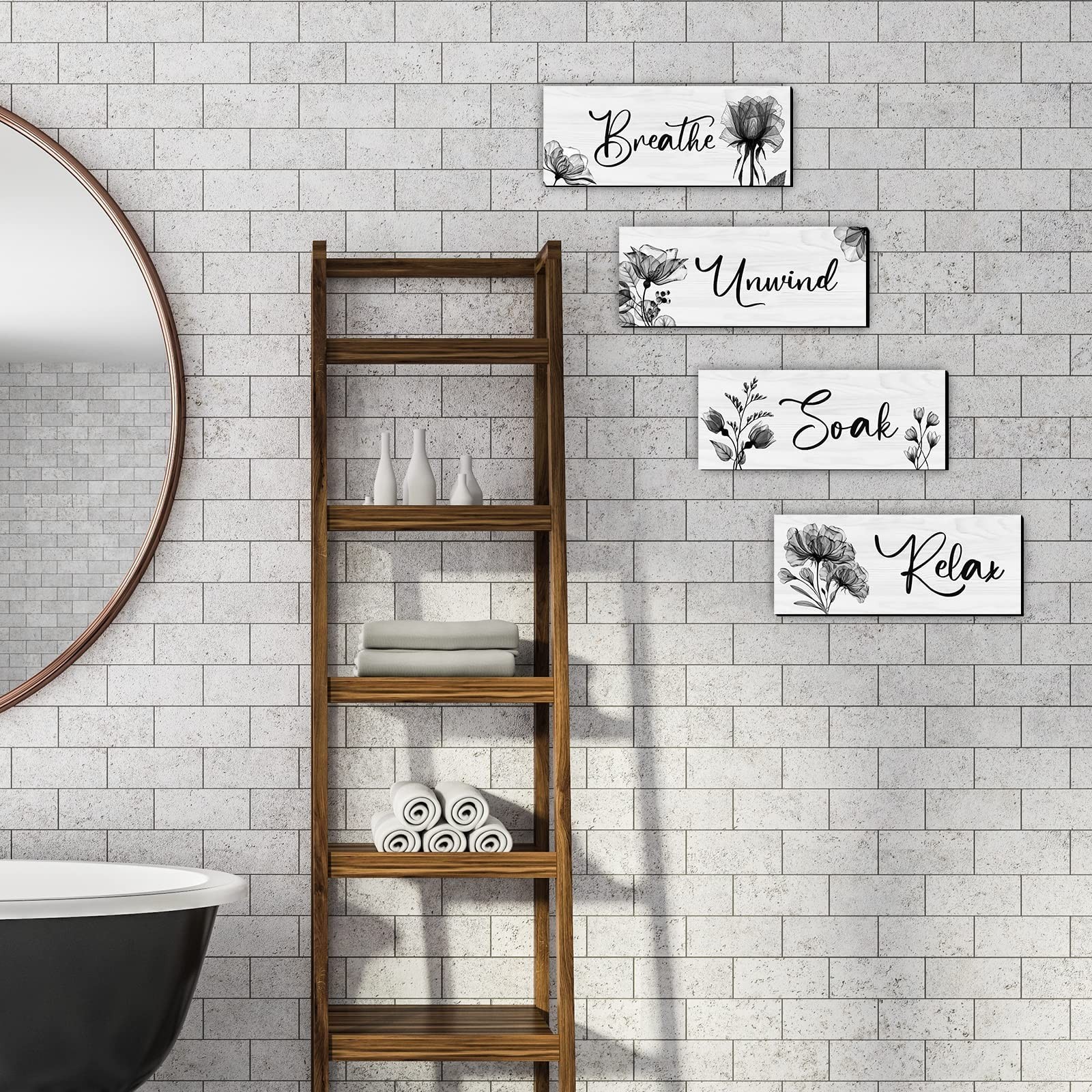 4 Wooden Wall Art Plaques – Large Bathroom Decor for Home Spa & Laundry black