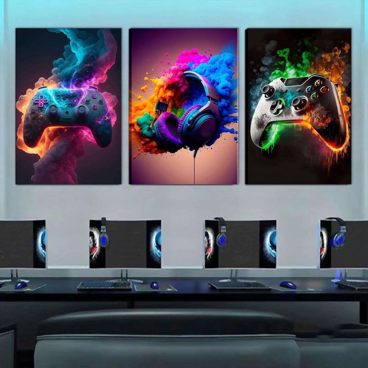 Vibrant Gaming Wall Art Set of 3 – Neon Canvas Prints for Teen Rooms