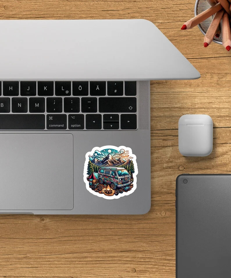 Van Life Adventure Sticker – Water-Resistant Camping Scene, VW Bus, Outdoor Gift