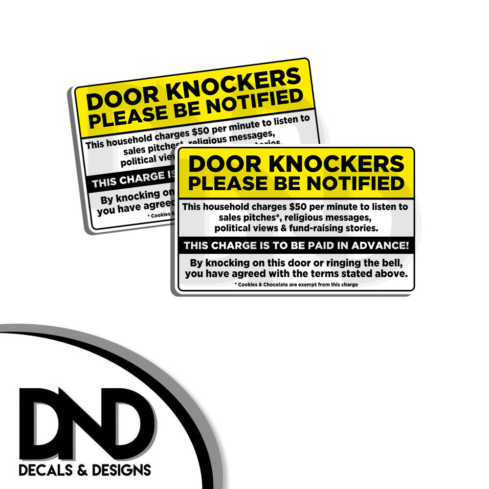 Door Knockers Please Note Sticker Funny $50 NO SOLICITING Vinyl Decal 5×3 2 Pack