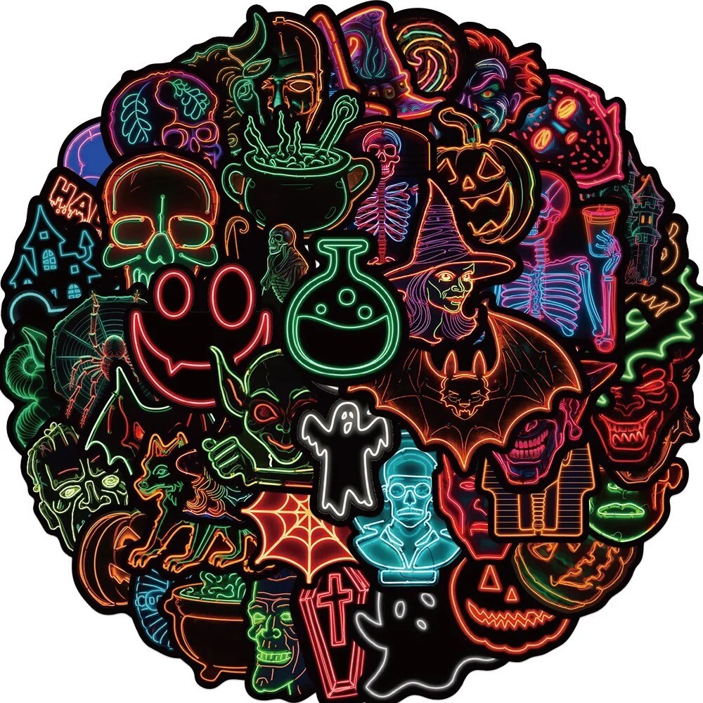 50 PCS Neon Stickers Halloween Spooky Decals Laptop Binder Holiday Free Shipping