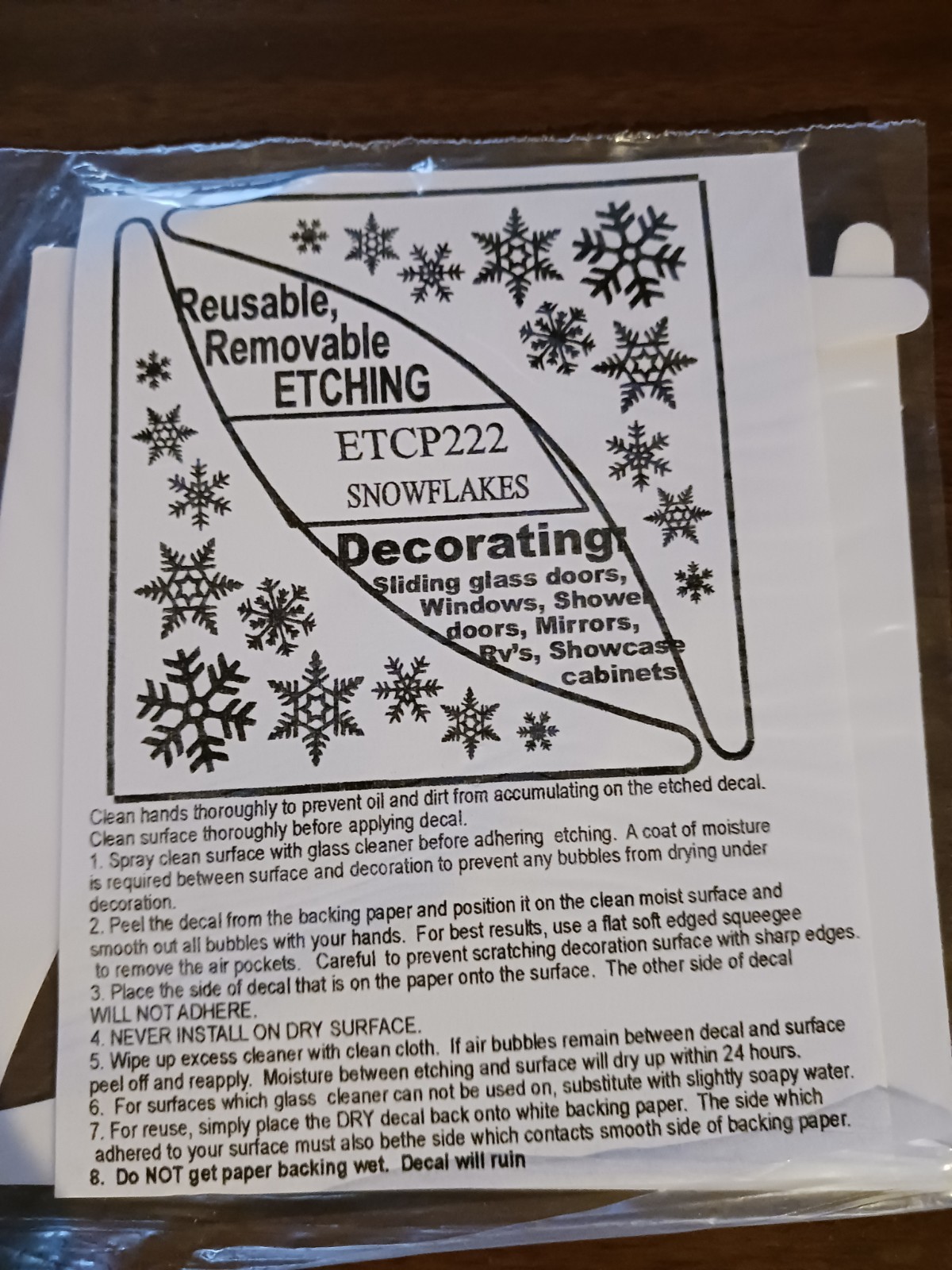 SNOWFLAKES Etched Look Cling 5"X5" Corners Removable & Reusable 222