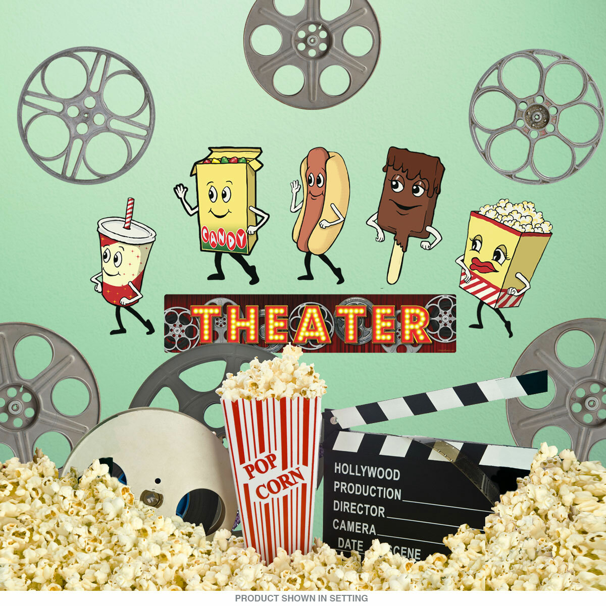Home Theater Horizontal Snacks & Film Reels Wall Decal Set Vintage Style Decor