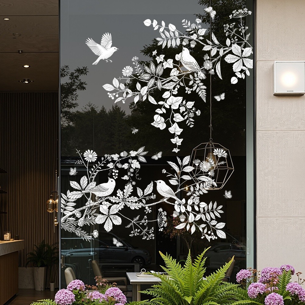 Floral Bird Leaf Themed Double Sided Static Cling Sticker White PVC Material