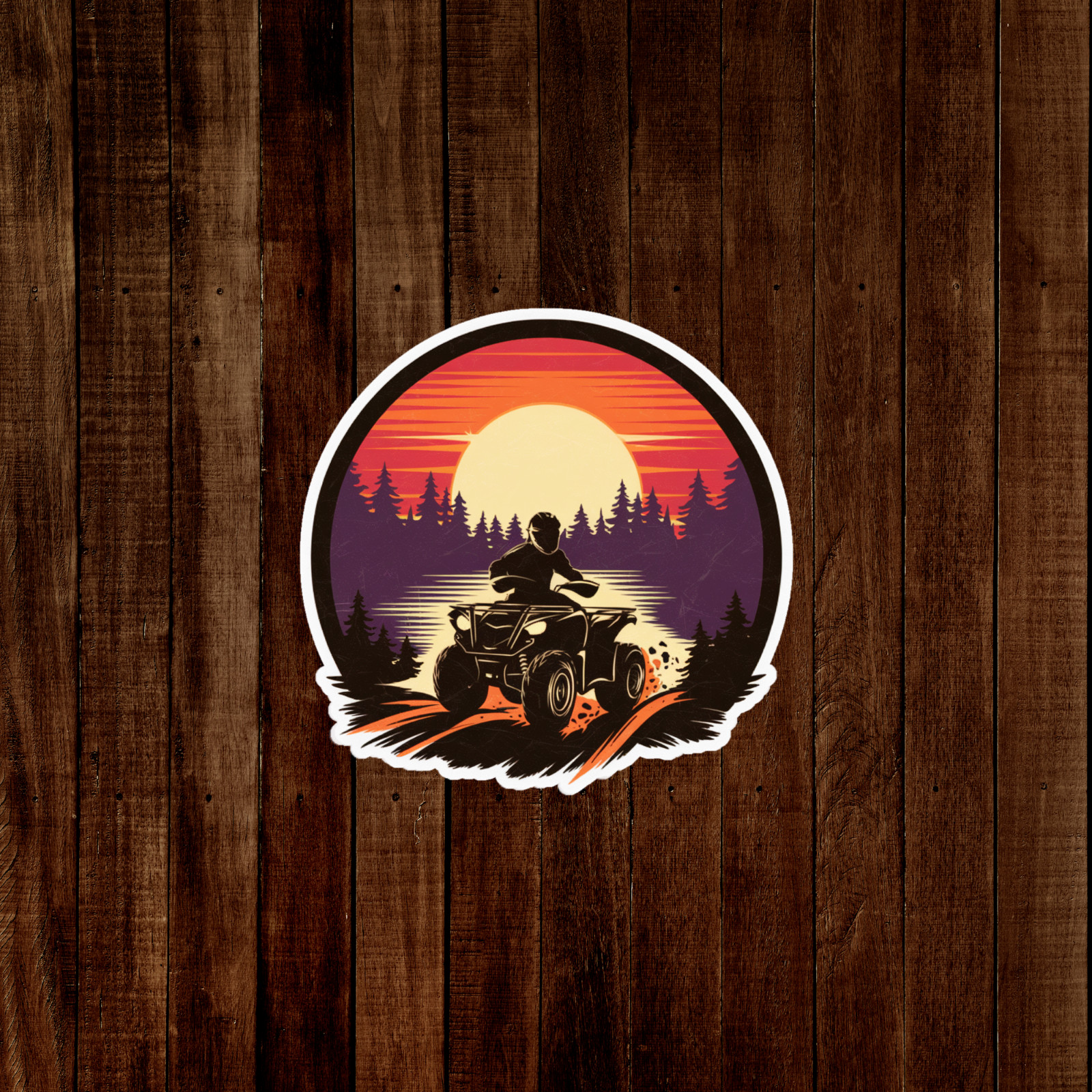 Retro Off-Road ATV Silhouette Sticker – Sunset Forest Adventure Decal #1567