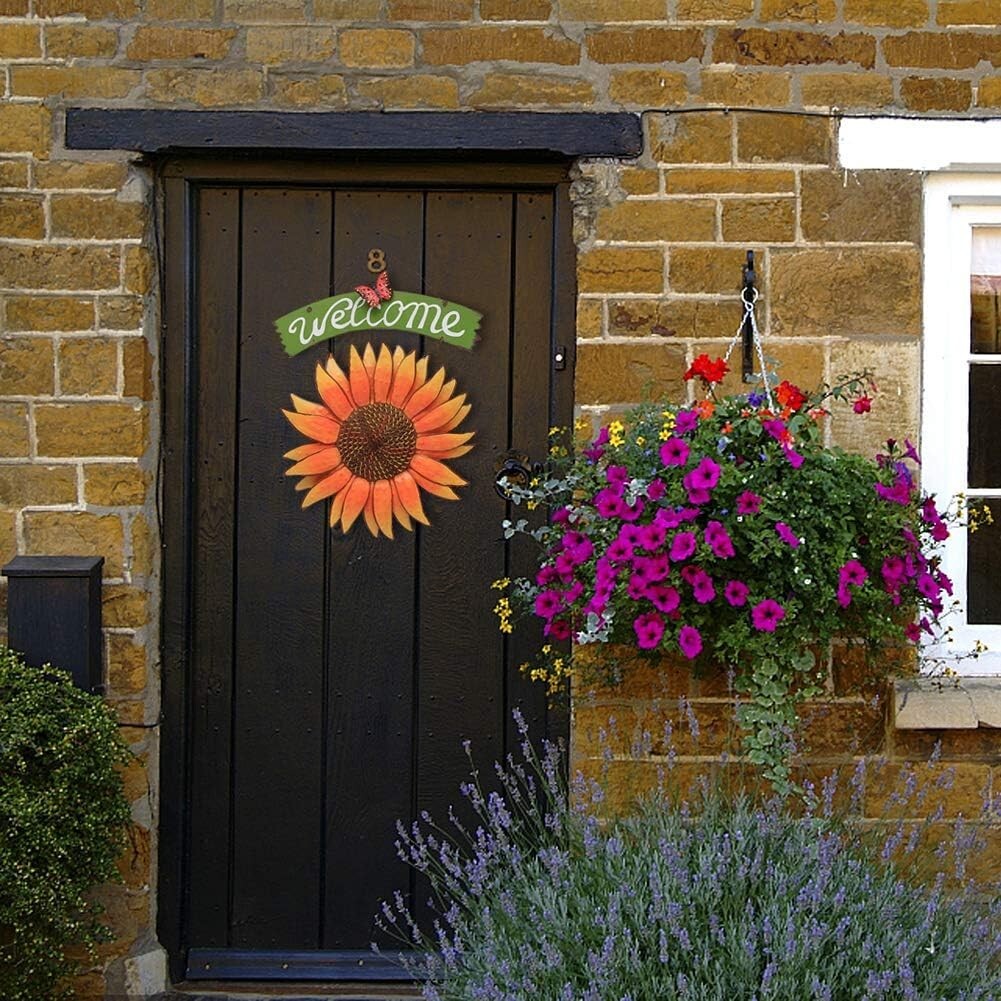 Sunflower Welcome Sign Metal Hanging Welcome Plaque for Wall(E)