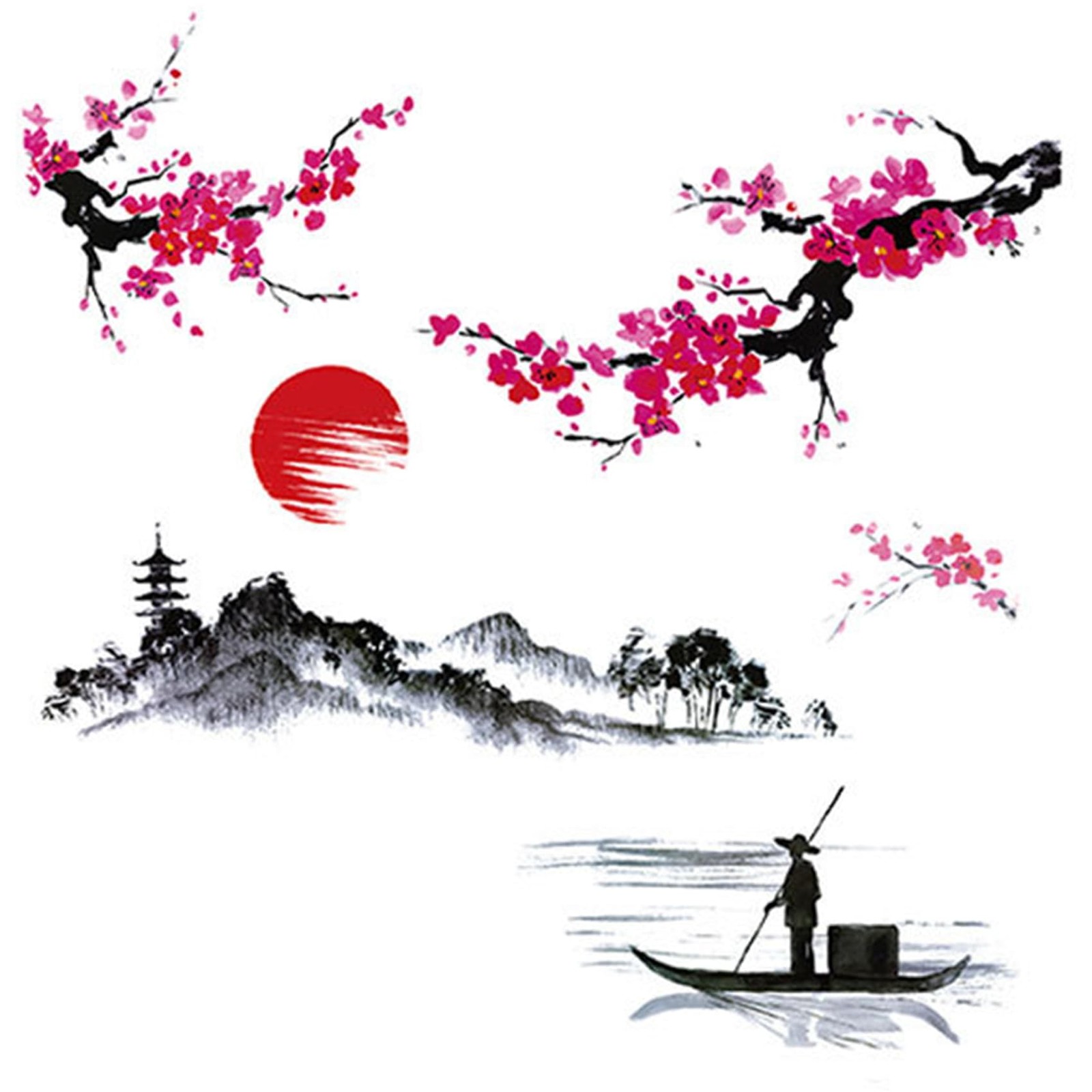 Large Japanese Wall Decor Stickers, Red Cherry Blossom Tree Wall Murals Mount…